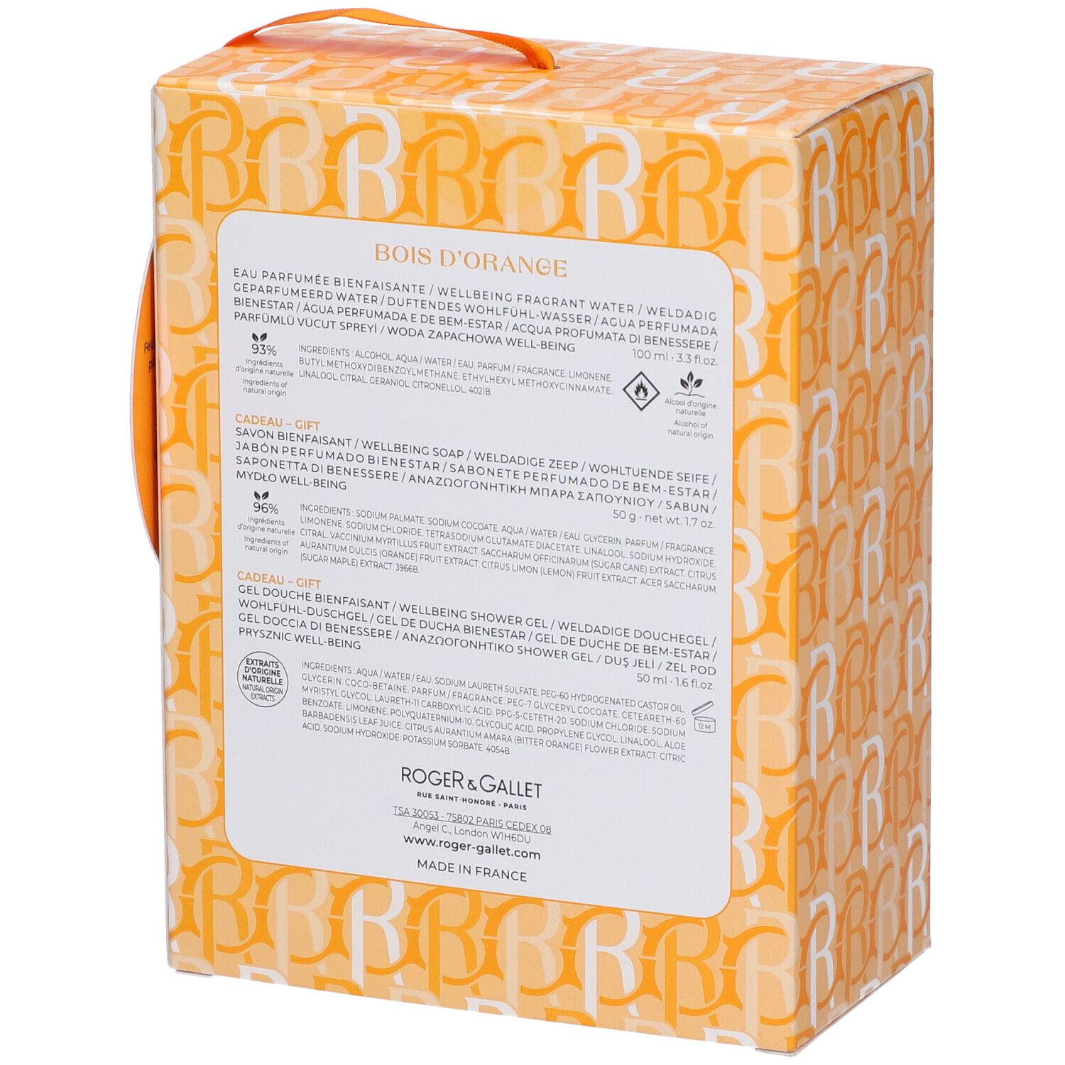 Retro della confezione regalo con informazioni sul prodotto. Testo multilingue. Logo Roger & Gallet.