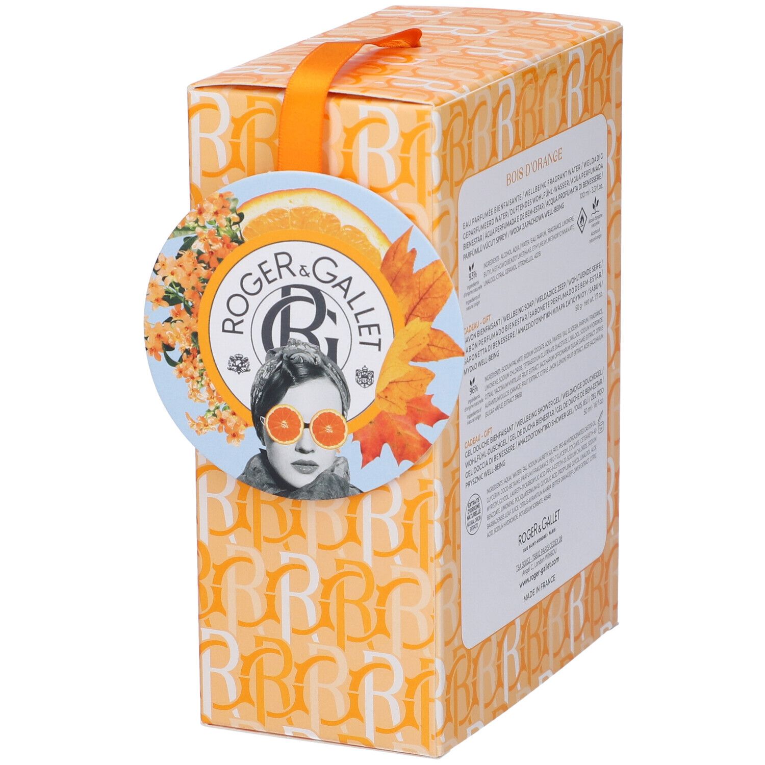 Confezione regalo Roger & Gallet con illustrazione. Design arancione con manico. Logo e nome del marchio visibili.