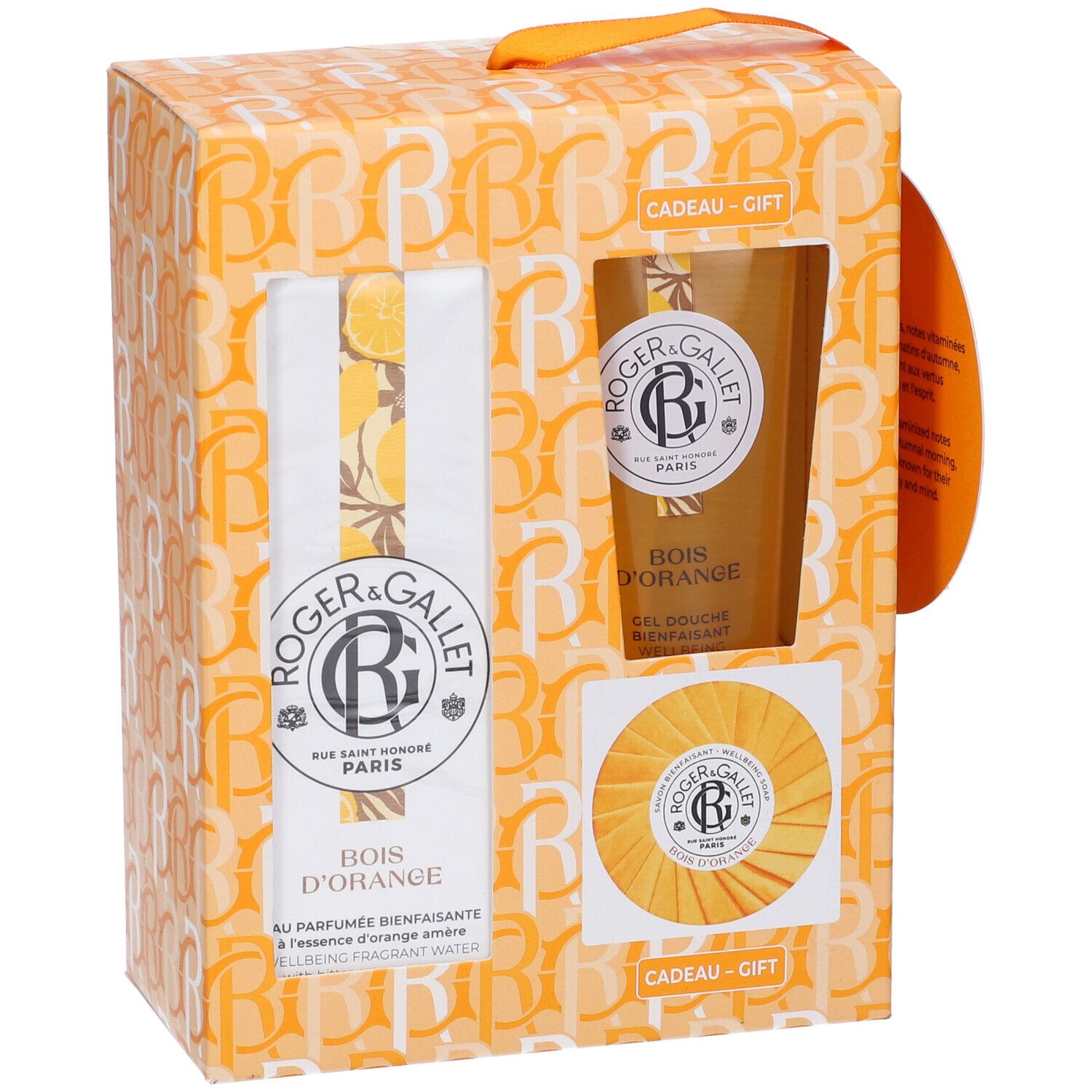 Set regalo Roger & Gallet. Contiene acqua profumata, gel doccia e sapone. Confezione arancione.