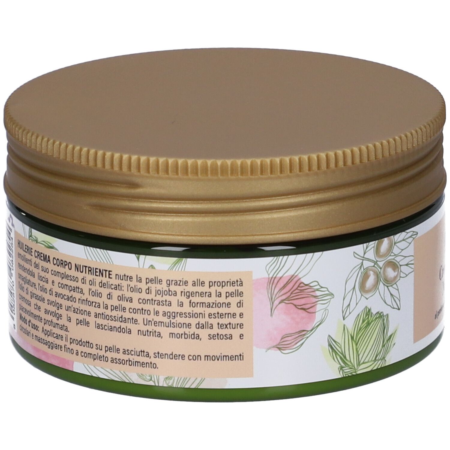 Vaso di crema, retro. Testo: ingredienti e istruzioni per l'uso. Decorazioni floreali. Coperchio dorato.