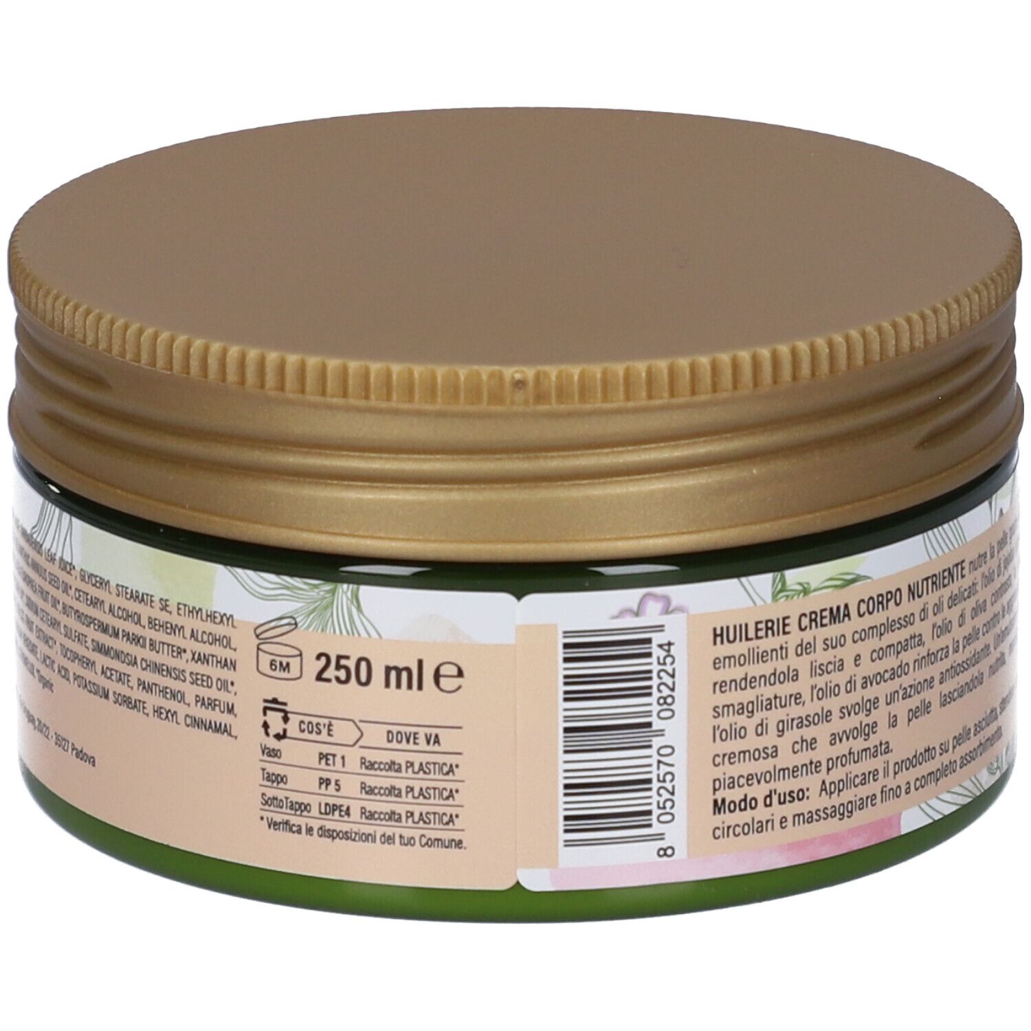 Vaso di crema, retro. Testo: ingredienti, volume 250 ml. Coperchio dorato. Simboli di riciclaggio.