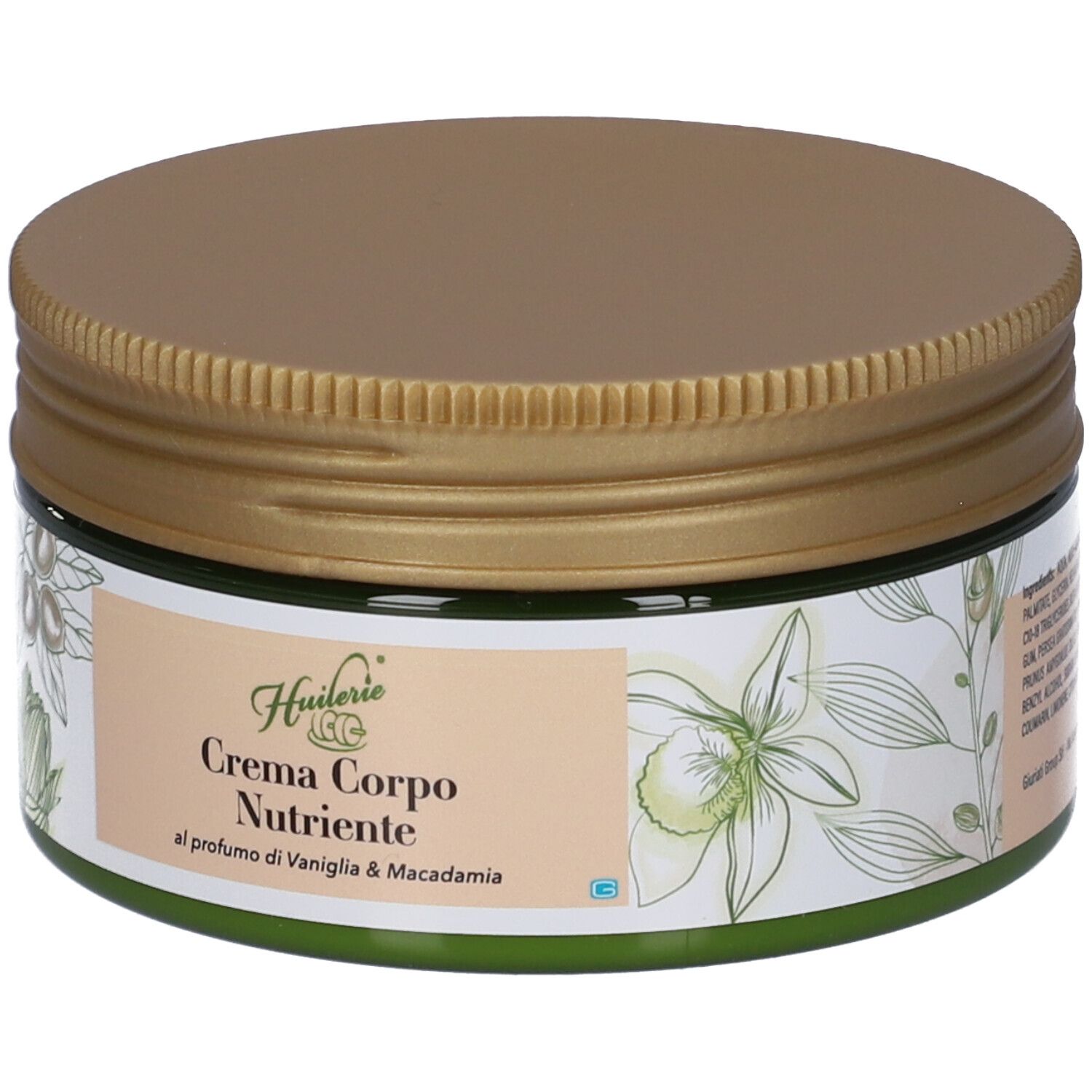 Vaso di crema con coperchio dorato. Scritta: Crema Corpo Nutriente, Vaniglia & Macadamia. Decorazioni floreali.