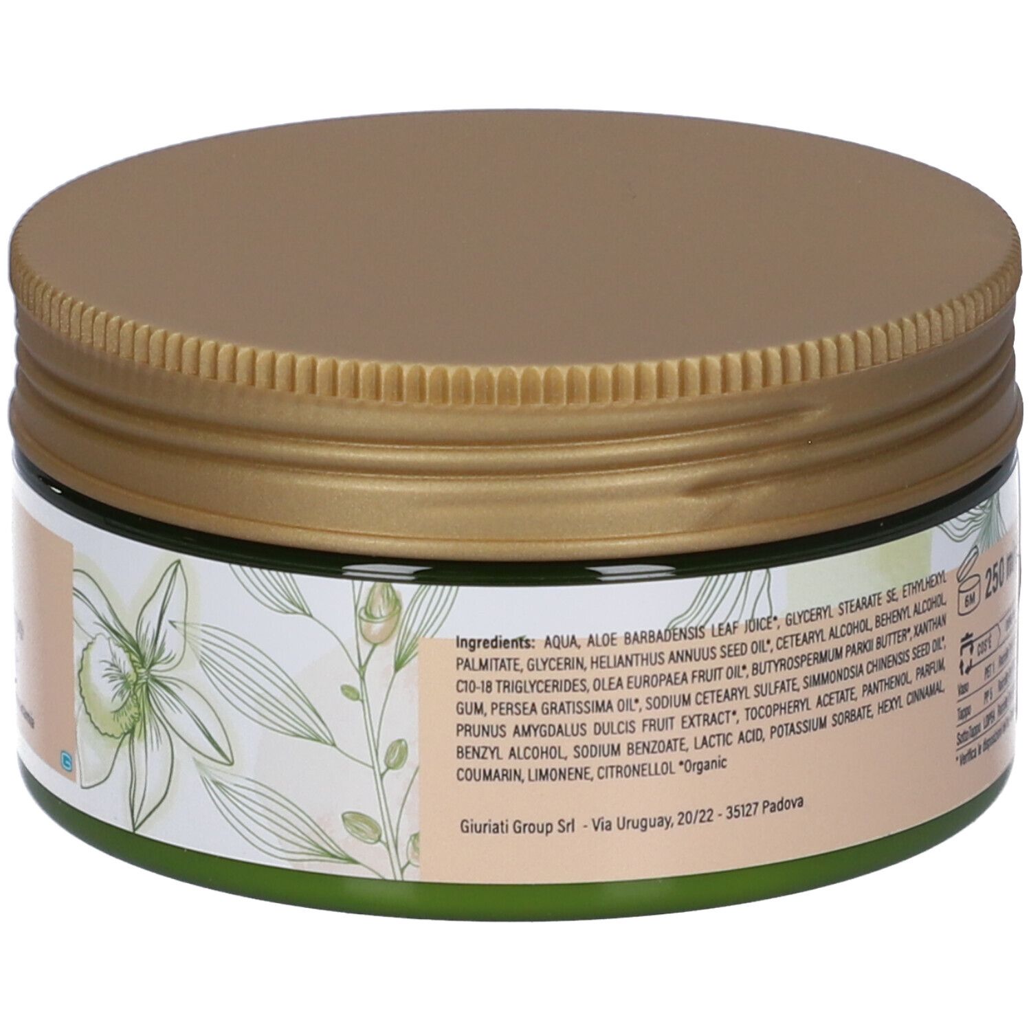 Vaso di crema, retro. Testo: ingredienti. Coperchio dorato. Decorazioni floreali. Indirizzo del produttore.