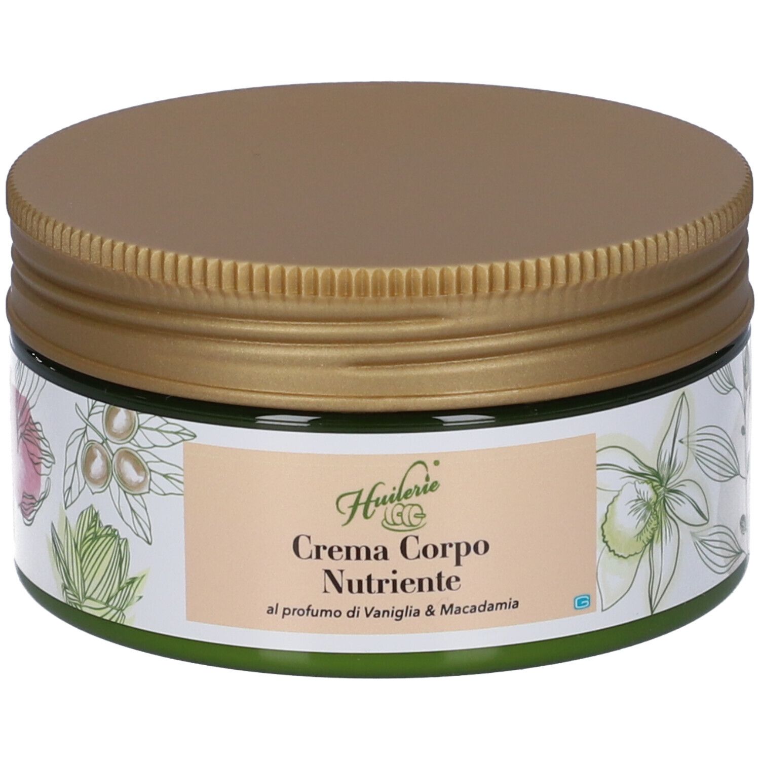 Vaso di crema con coperchio dorato. Scritta: Crema Corpo Nutriente, Vaniglia & Macadamia. Decorazioni floreali.