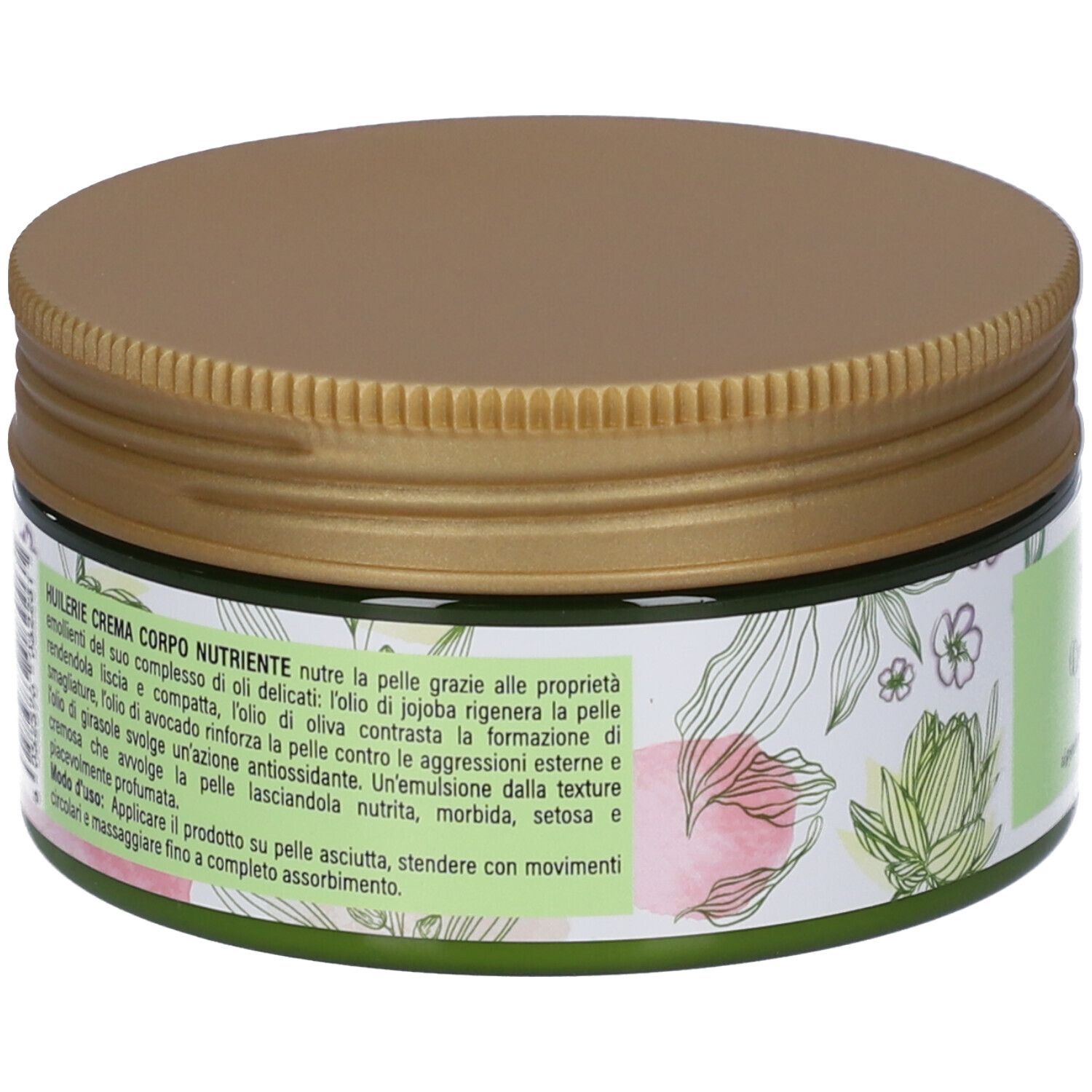 Barattolo di crema con coperchio dorato. Retro con testo e motivi floreali su etichetta verde e bianca.