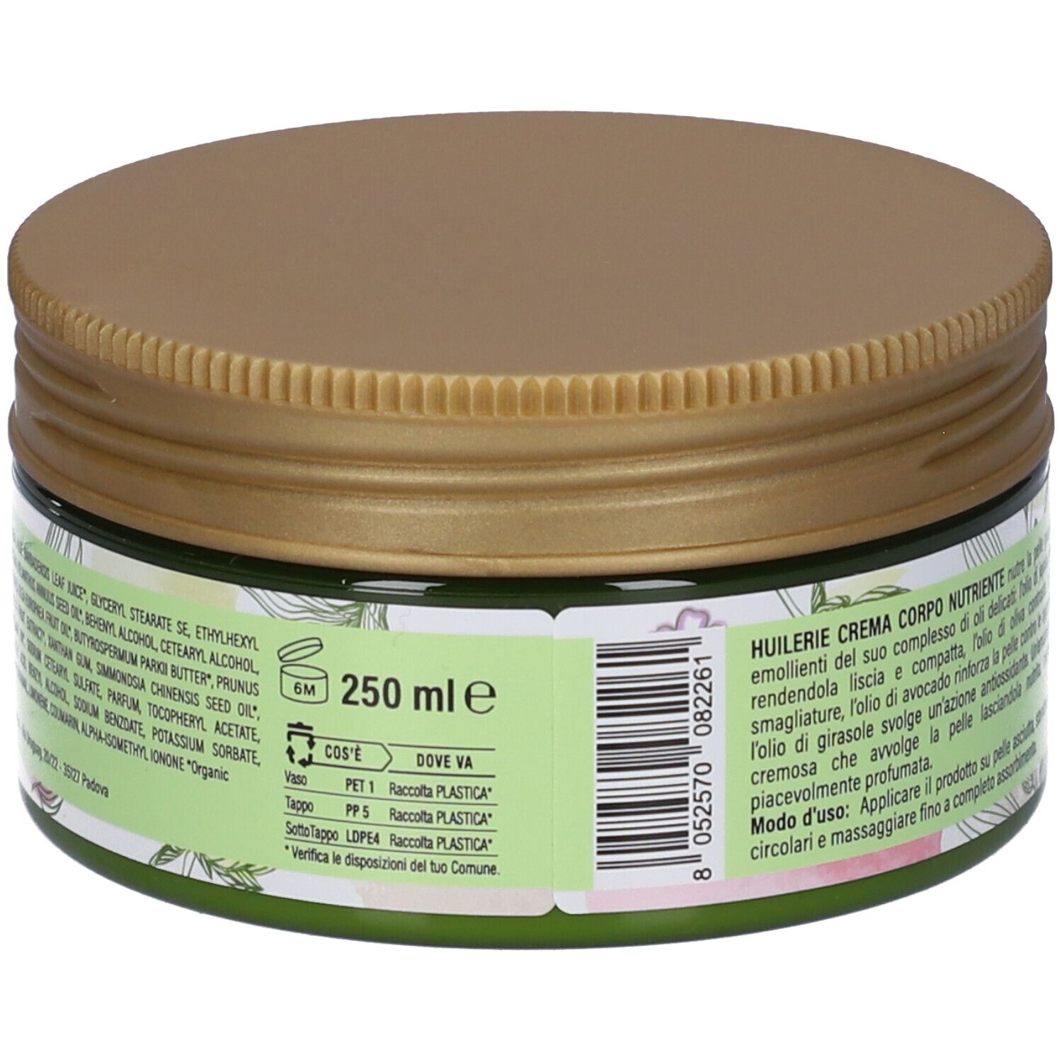 Barattolo di crema con coperchio dorato. Scritta: 250 ml. Testo e motivi floreali su etichetta verde e bianca.