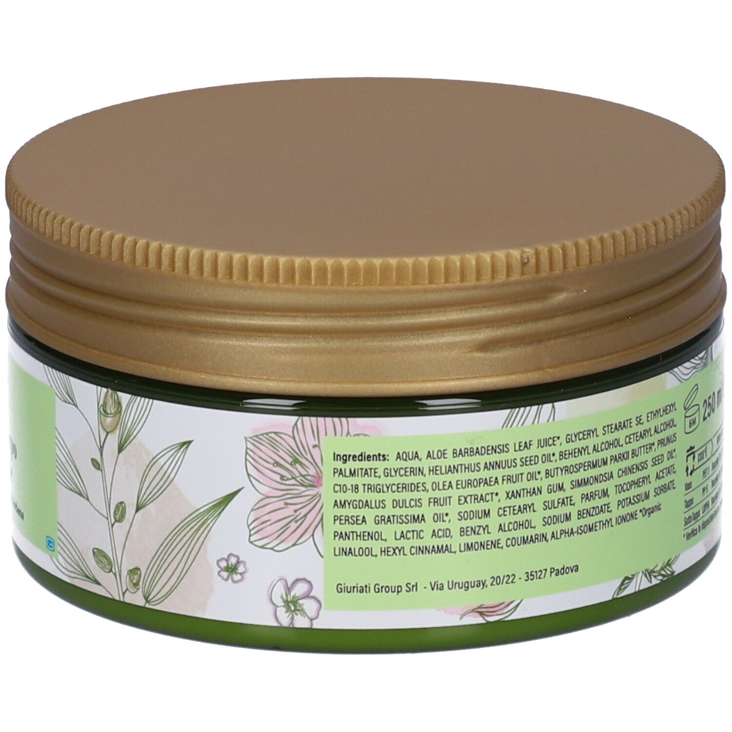 Barattolo di crema con coperchio dorato. Scritta: 250 ml. Elenco ingredienti e motivi floreali su etichetta verde e bianca.
