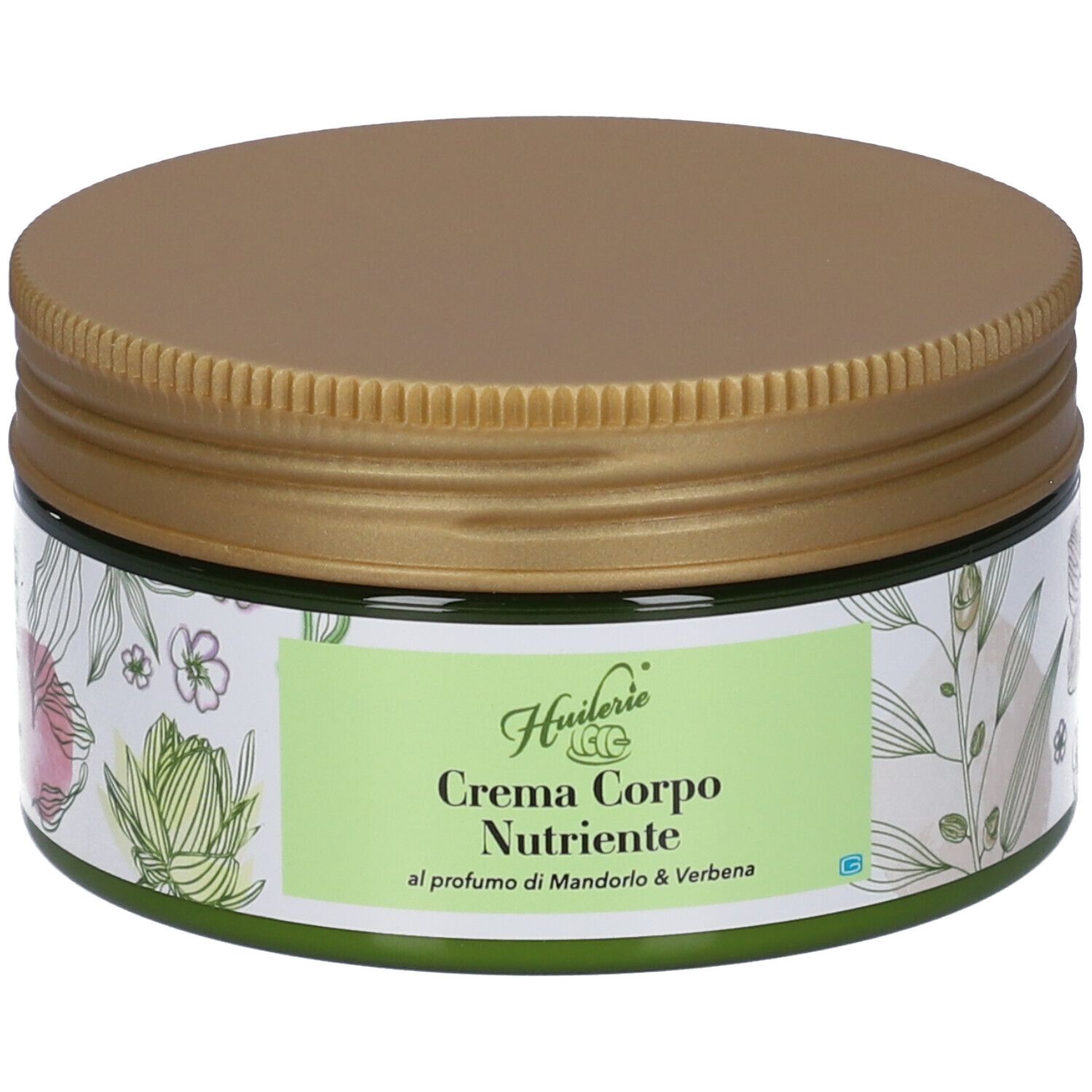 Barattolo di crema con coperchio dorato. Scritta: Crema Corpo Nutriente. Etichetta verde e bianca con motivi floreali.