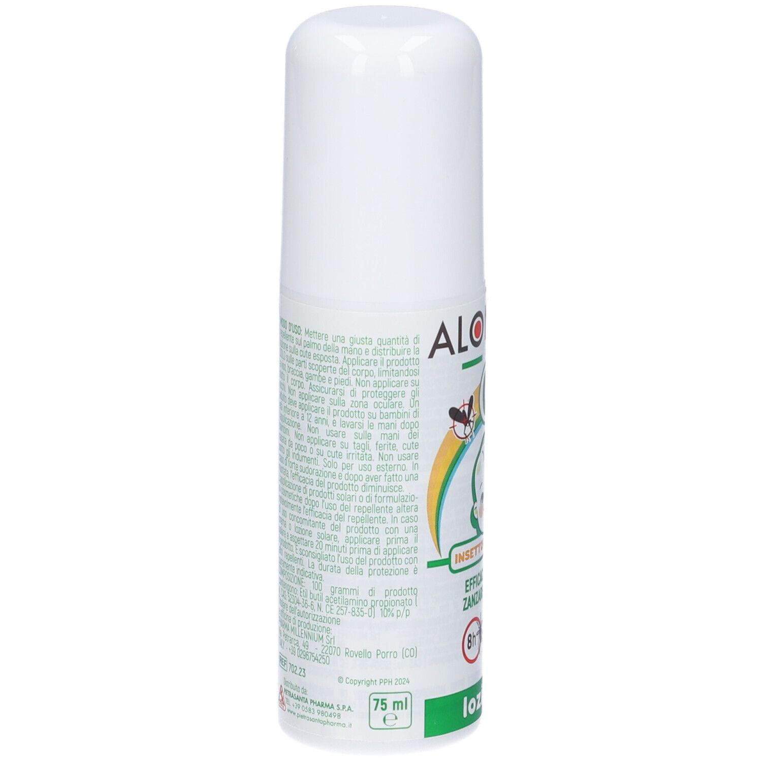 Flacone bianco con tappo. Testo in italiano. Scritta Alontan, repellente insetti. Contiene 75 ml.