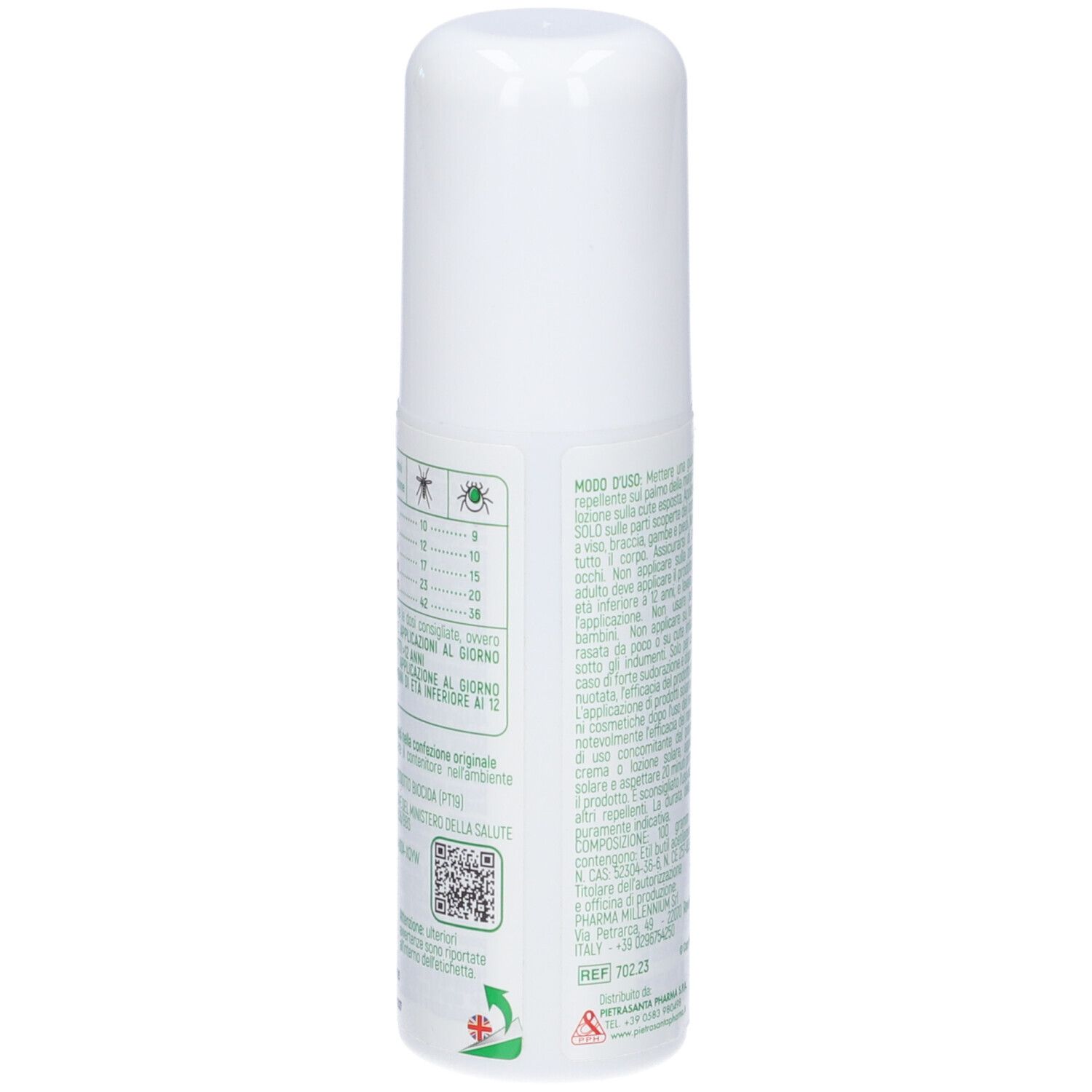 Flacone bianco con tappo. Retro con testo e codice QR. Informazioni sull'uso e sugli ingredienti.