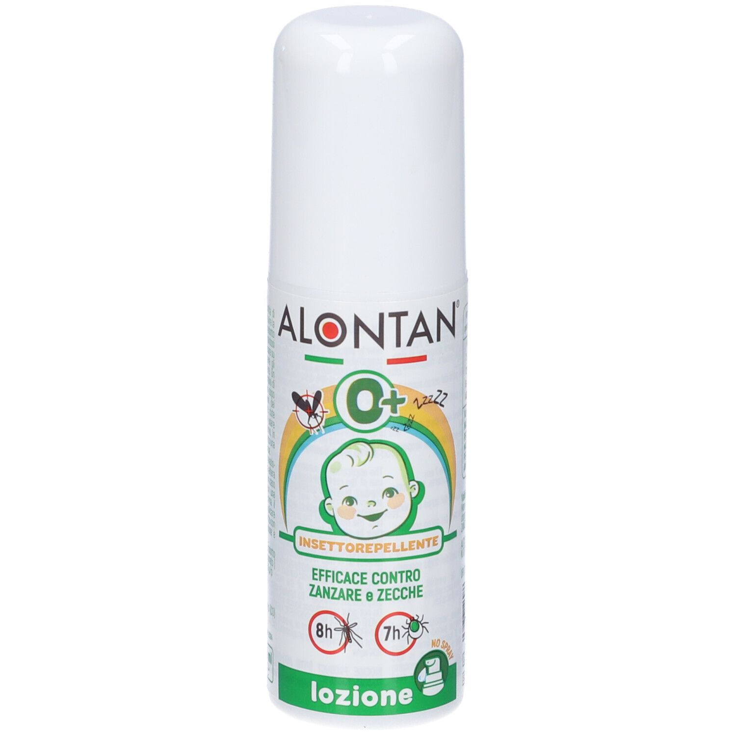 Flacone bianco con tappo. Scritta Alontan, O+, repellente insetti, efficace contro zanzare e zecche. Illustrazione bambino.