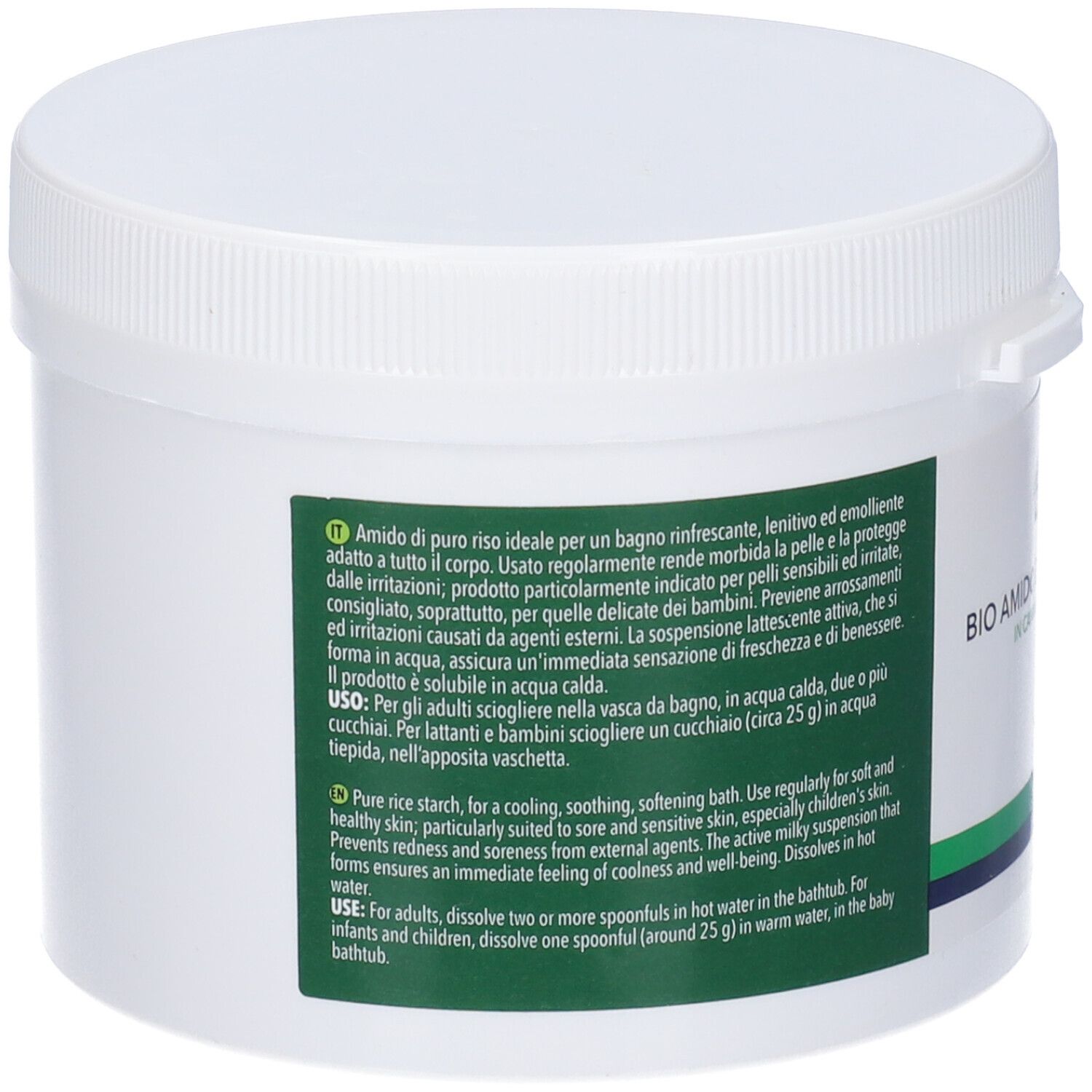 Contenitore bianco, vista laterale. Testo su etichetta verde. Contiene informazioni sull'uso e sugli ingredienti.