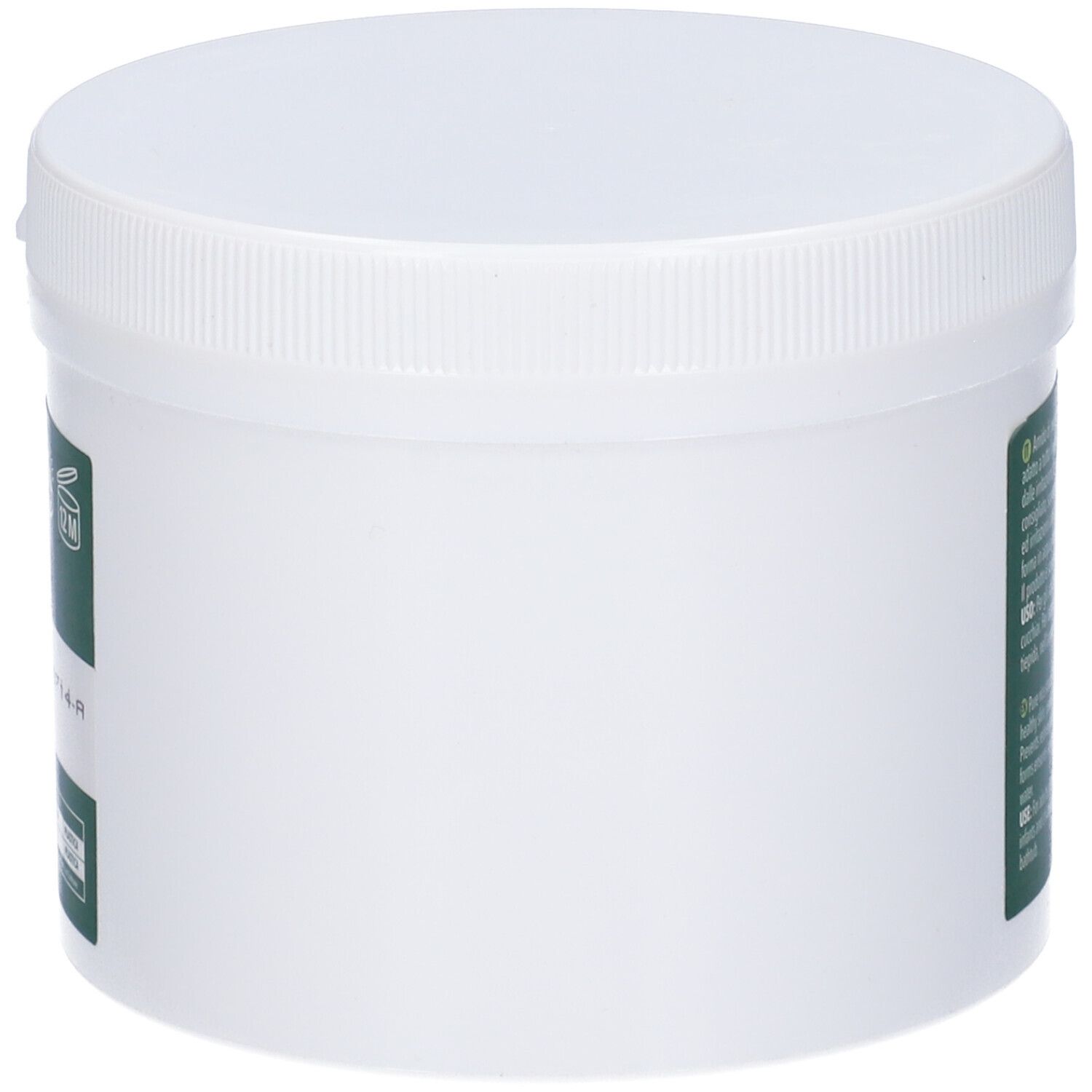 Contenitore bianco con coperchio. Vista laterale. Etichette verdi con testo. Nessuna identificazione del prodotto.