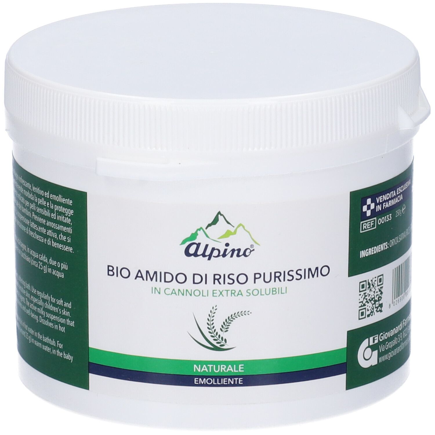 Contenitore bianco con logo Alpino e testo. Nome prodotto: Bio Amido di Riso Purissimo. Naturale Emolliente. Etichette con ingredienti.