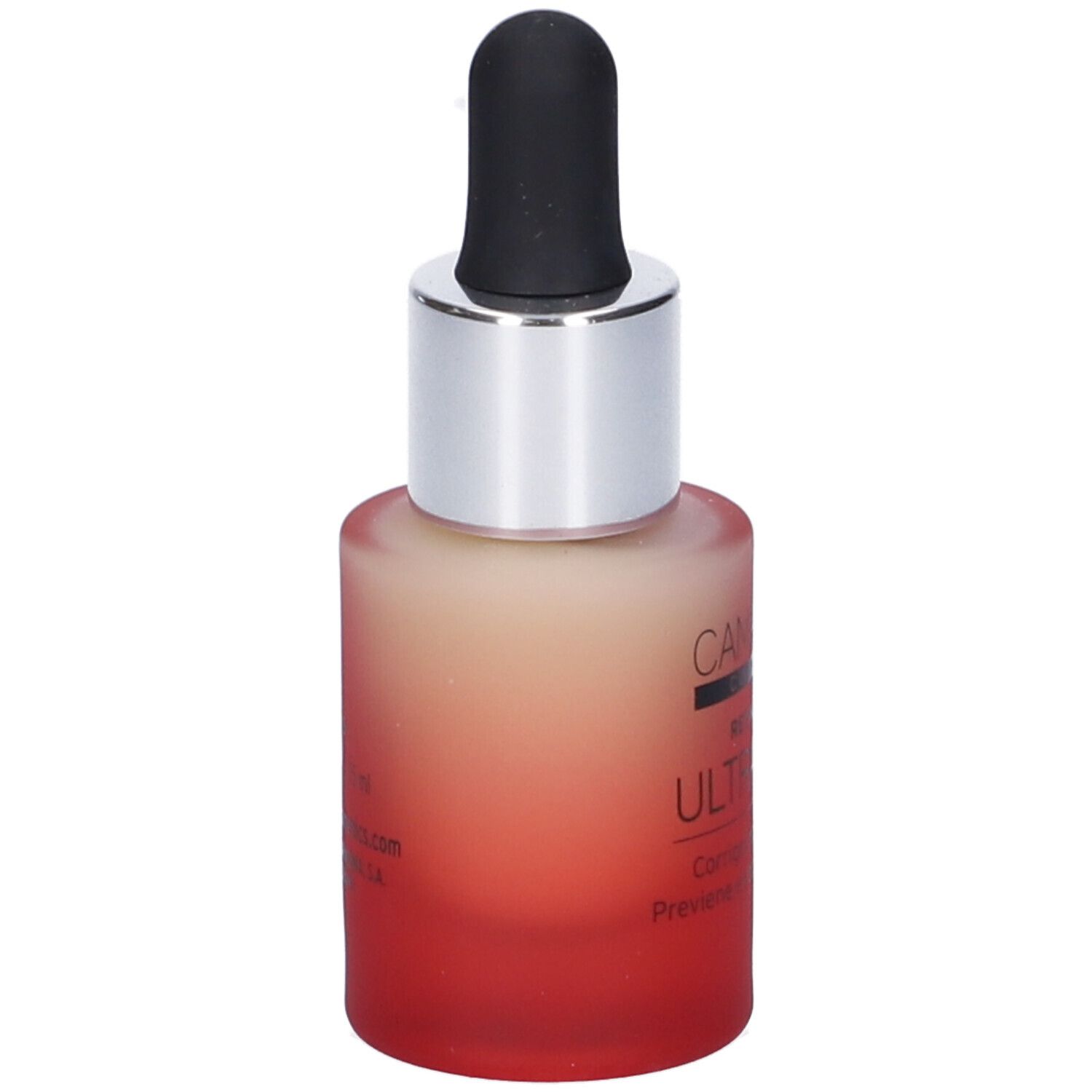 Flacone con pipetta. Sfumatura da rosso a beige. Scritta: Camaleon Cosmetics, Retinol Like Ultra Plus.