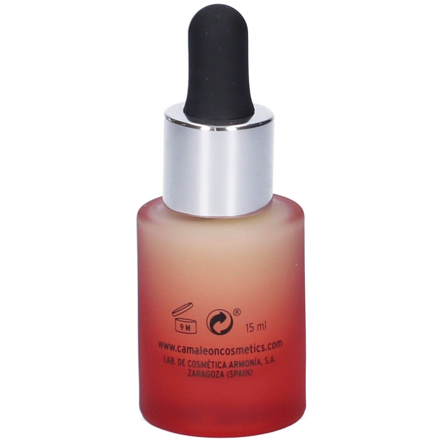 Flacone con pipetta. Sfumatura da rosso a beige. Scritta: Camaleon Cosmetics, Retinol Like Ultra Plus. 15 ml.