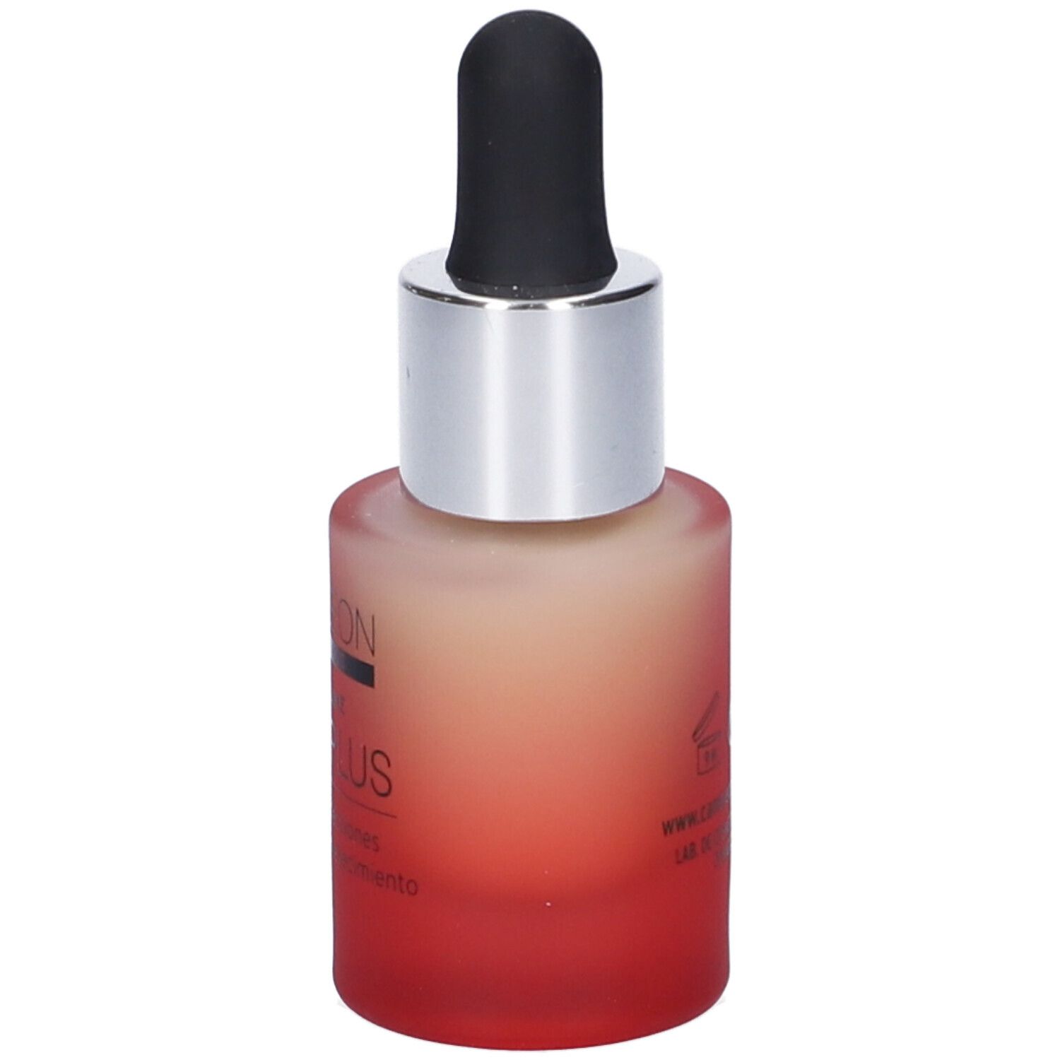 Flacone con pipetta. Sfumatura da rosso a beige. Scritta: Camaleon Cosmetics, Retinol Like Ultra Plus.