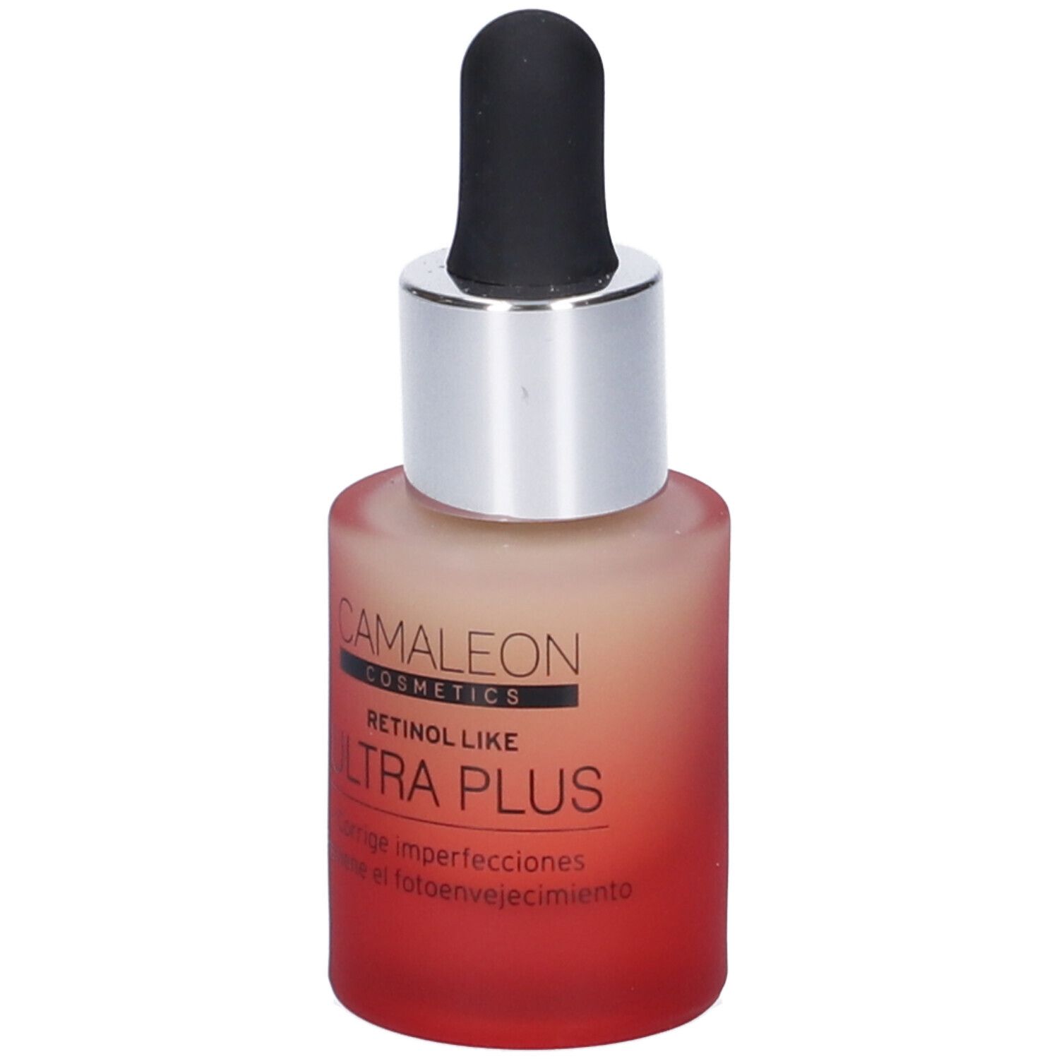 Flacone con pipetta. Sfumatura da rosso a beige. Scritta: Camaleon Cosmetics, Retinol Like Ultra Plus.