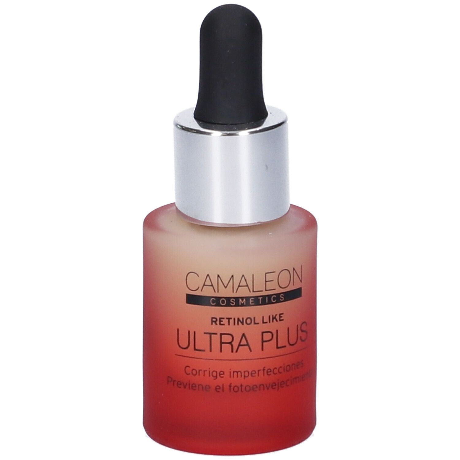 Flacone con pipetta. Sfumatura da rosso a beige. Scritta: Camaleon Cosmetics, Retinol Like Ultra Plus.