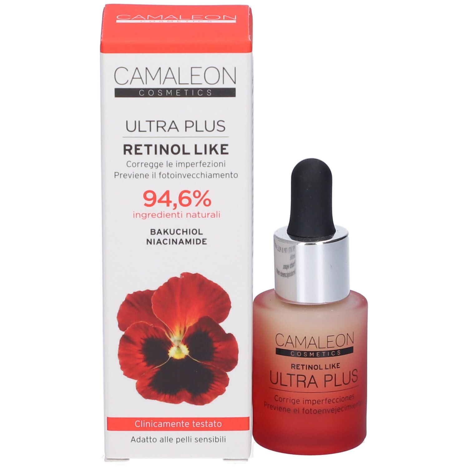 Flacone e confezione. Scritta: Camaleon Cosmetics, Retinol Like Ultra Plus. 94,6% ingredienti naturali. Fiore rosso.