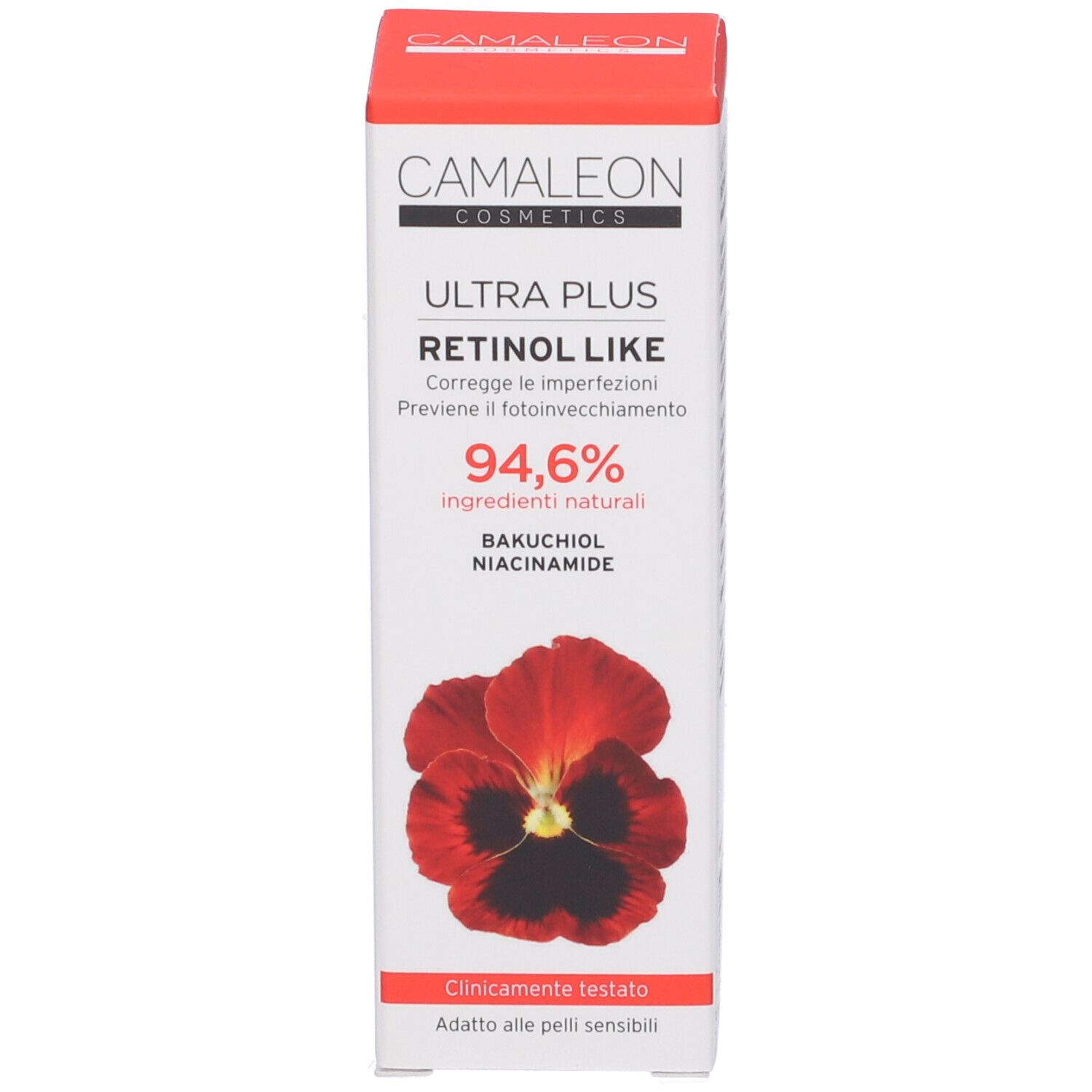 Confezione. Scritta: Camaleon Cosmetics, Retinol Like Ultra Plus. 94,6% ingredienti naturali. Fiore rosso.