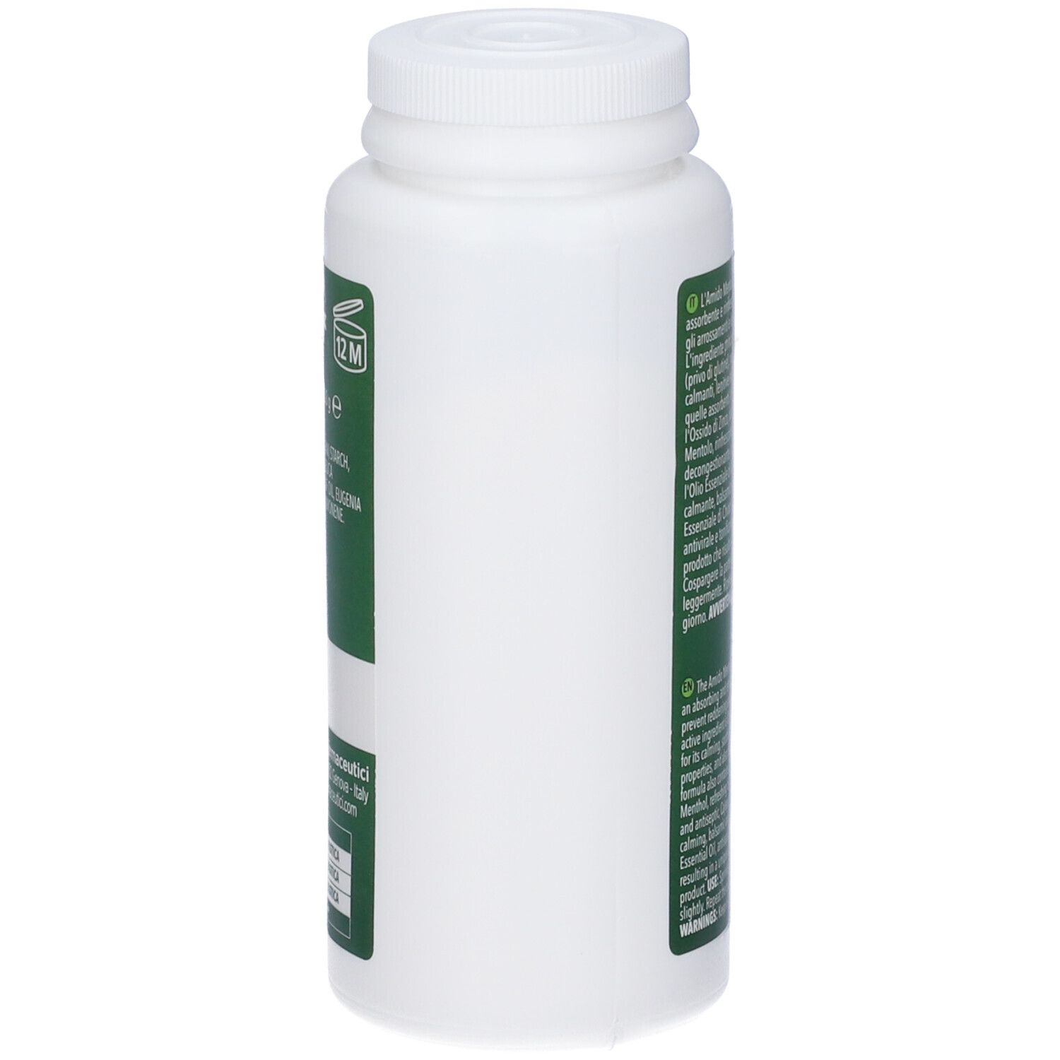 Lato del barattolo Alpino Amido Mentolato con etichetta.