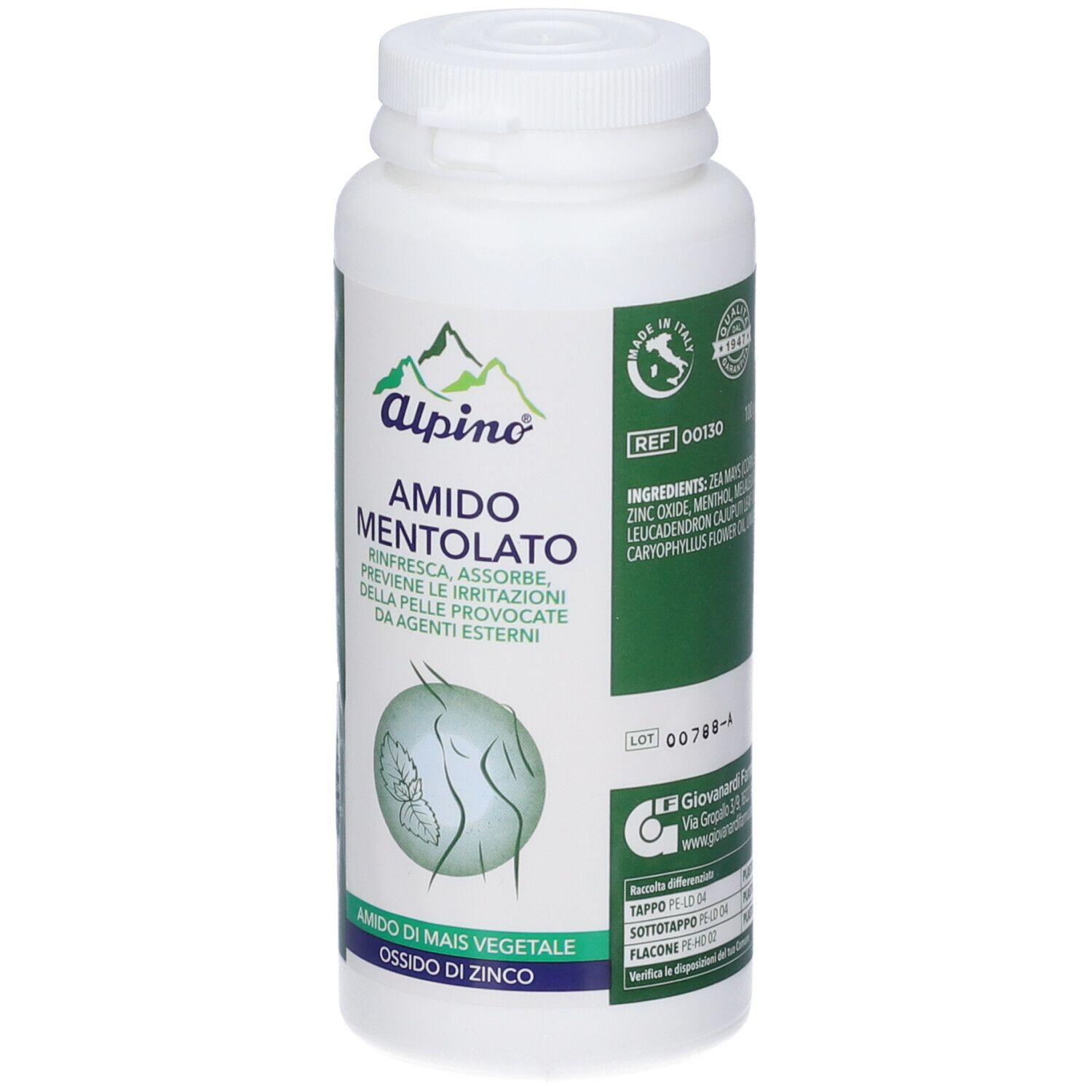 Fronte del barattolo Alpino Amido Mentolato con logo e nome del prodotto.