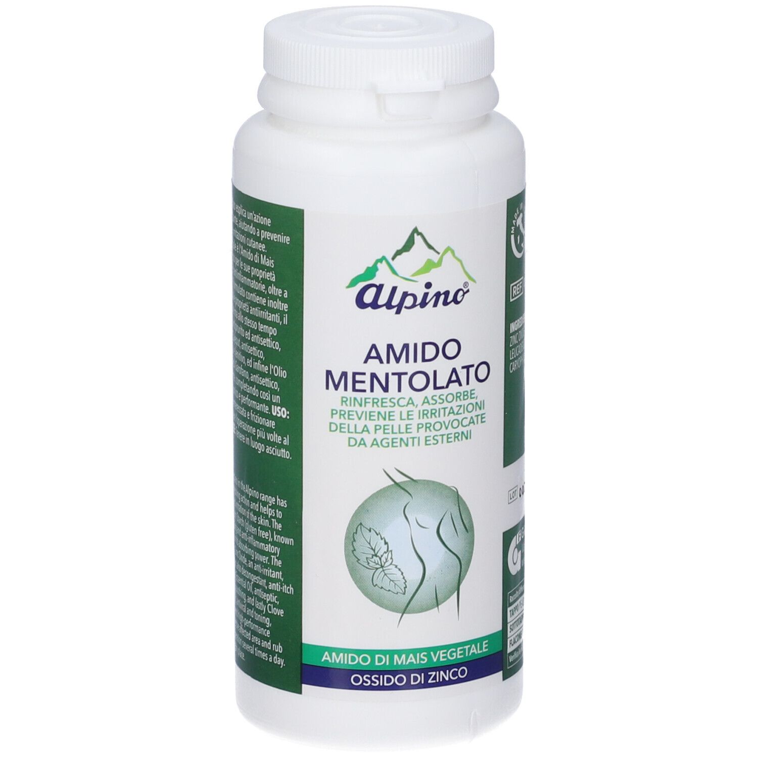 Barattolo Alpino Amido Mentolato, vista frontale.