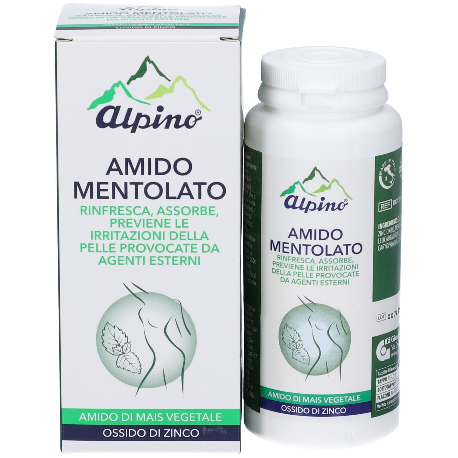 Barattolo Alpino Amido Mentolato e scatola di imballaggio.
