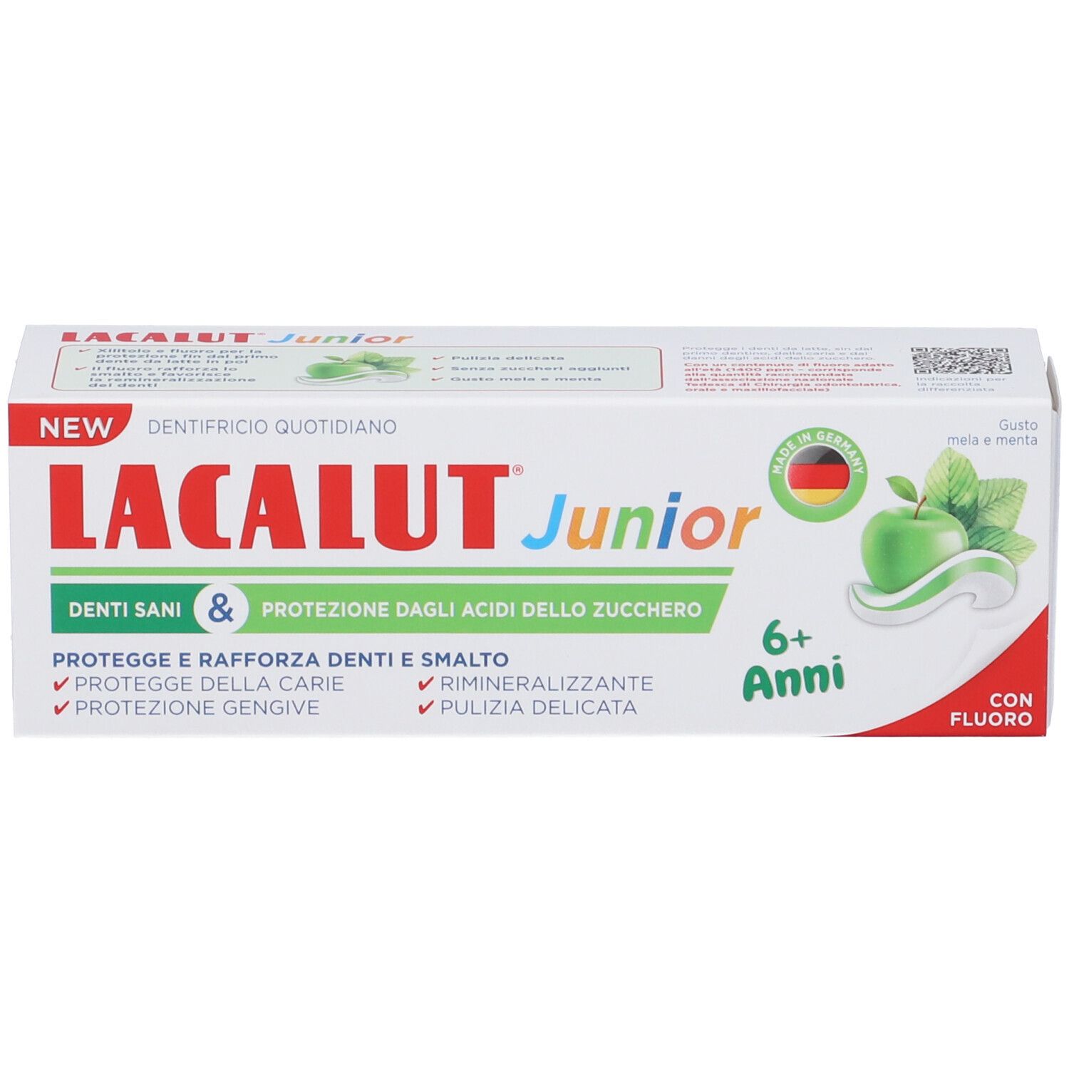 Confezione dentifricio LACALUT Junior. Bianca, scritte rosse e verdi. Simbolo mela e menta. 6+ Anni.