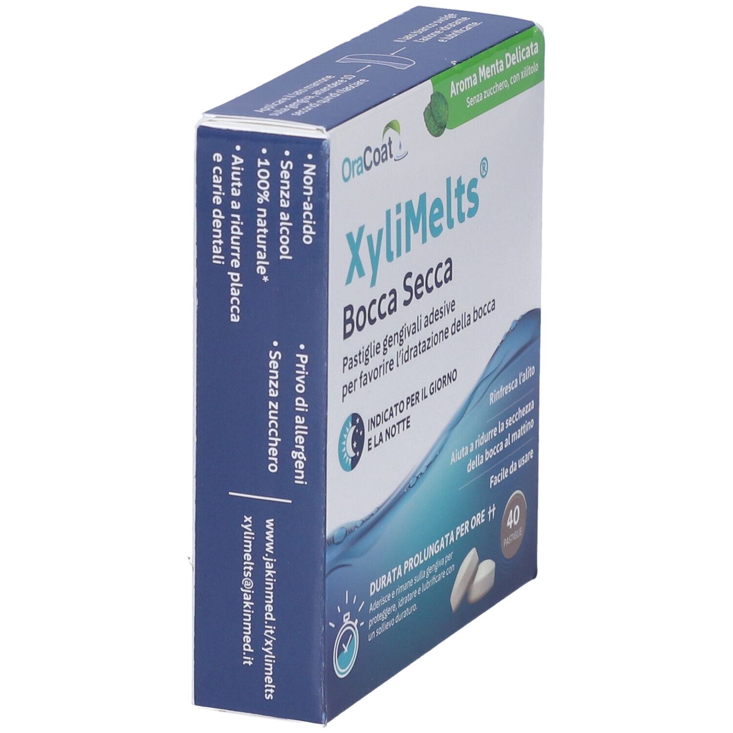Scatola XyliMelts, Bocca Secca, vista laterale. Testo: 40 pastiglie, Aroma Menta Delicata, senza zucchero.