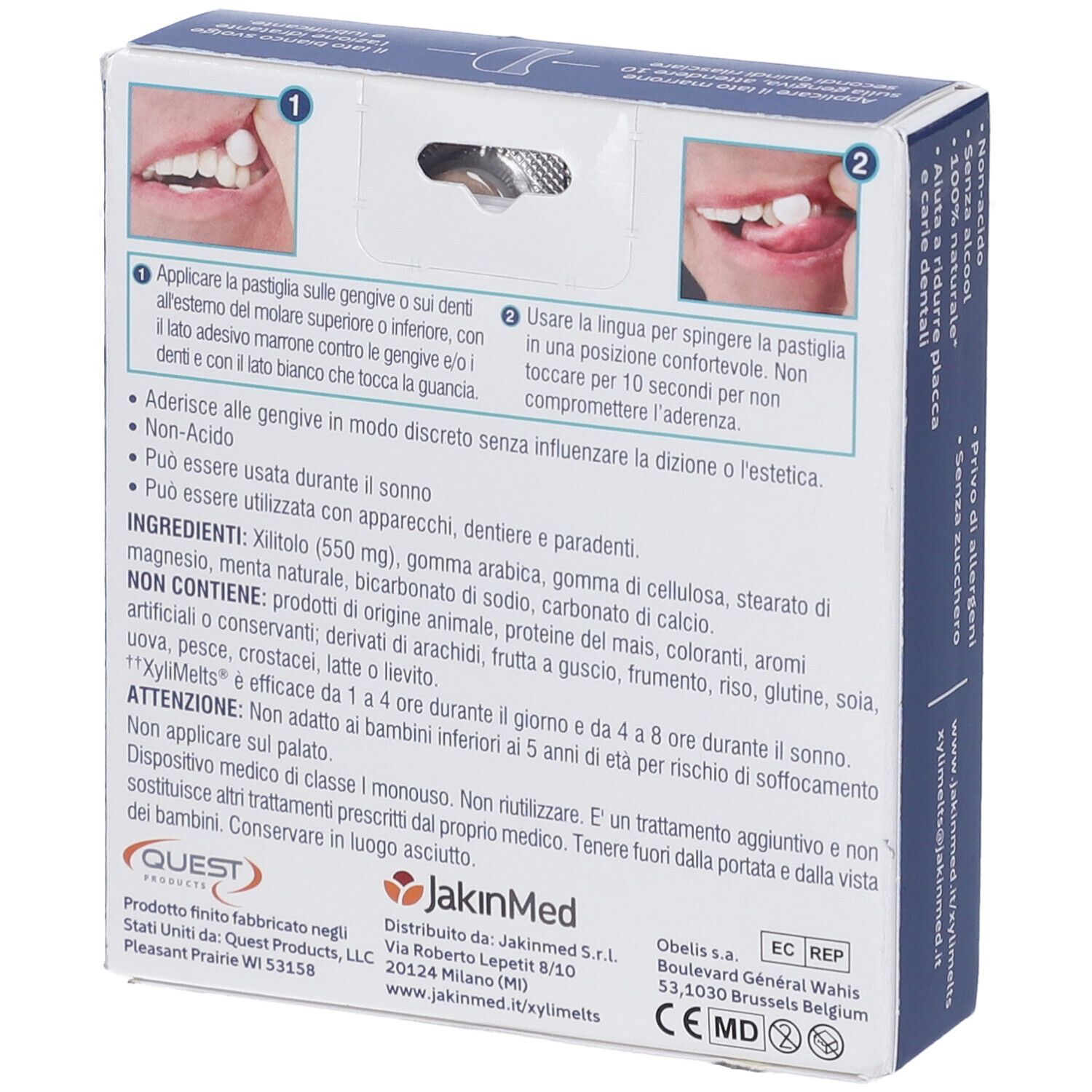 Retro confezione XyliMelts. Testo: ingredienti, istruzioni per l'uso, informazioni produttore, marchio CE.
