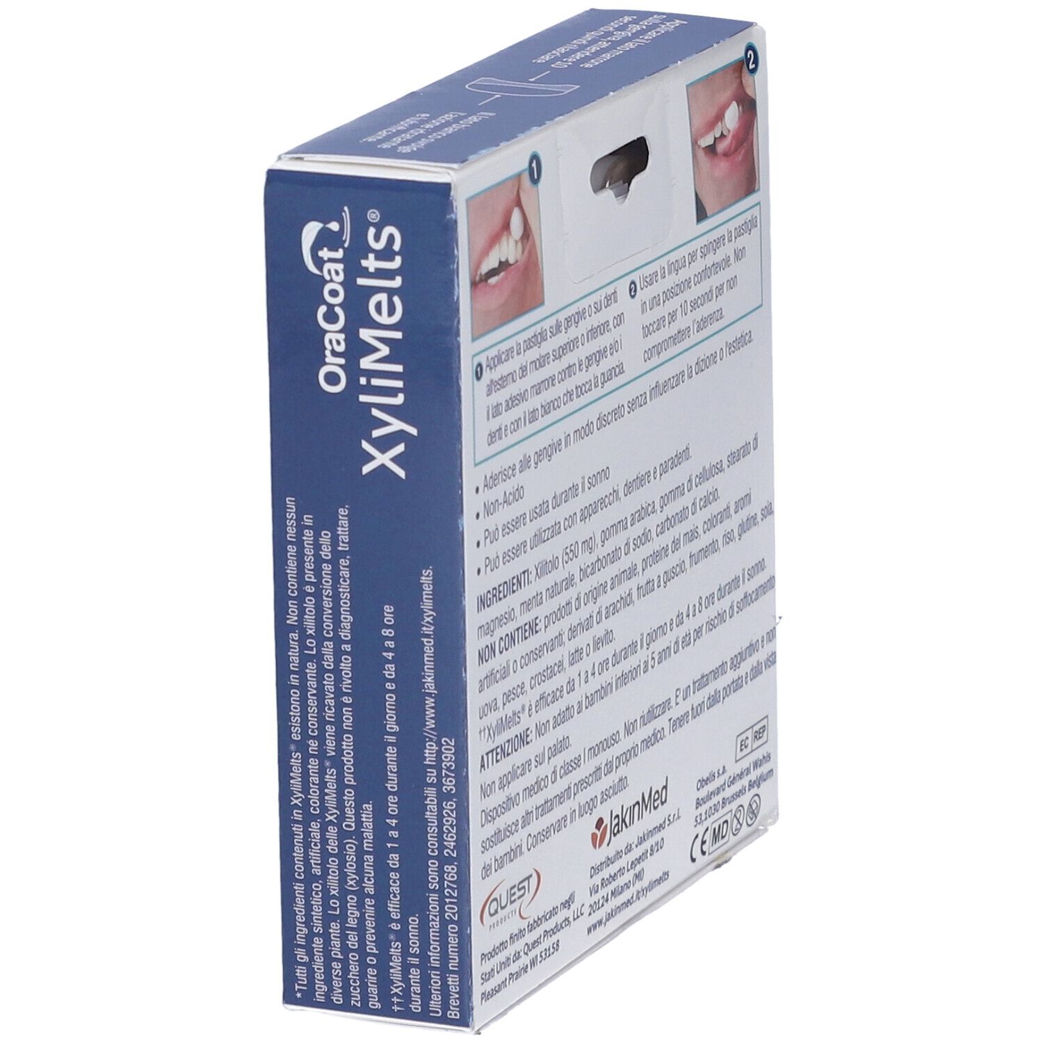 Confezione XyliMelts, retro. Testo: ingredienti, uso, informazioni produttore, marchio CE.
