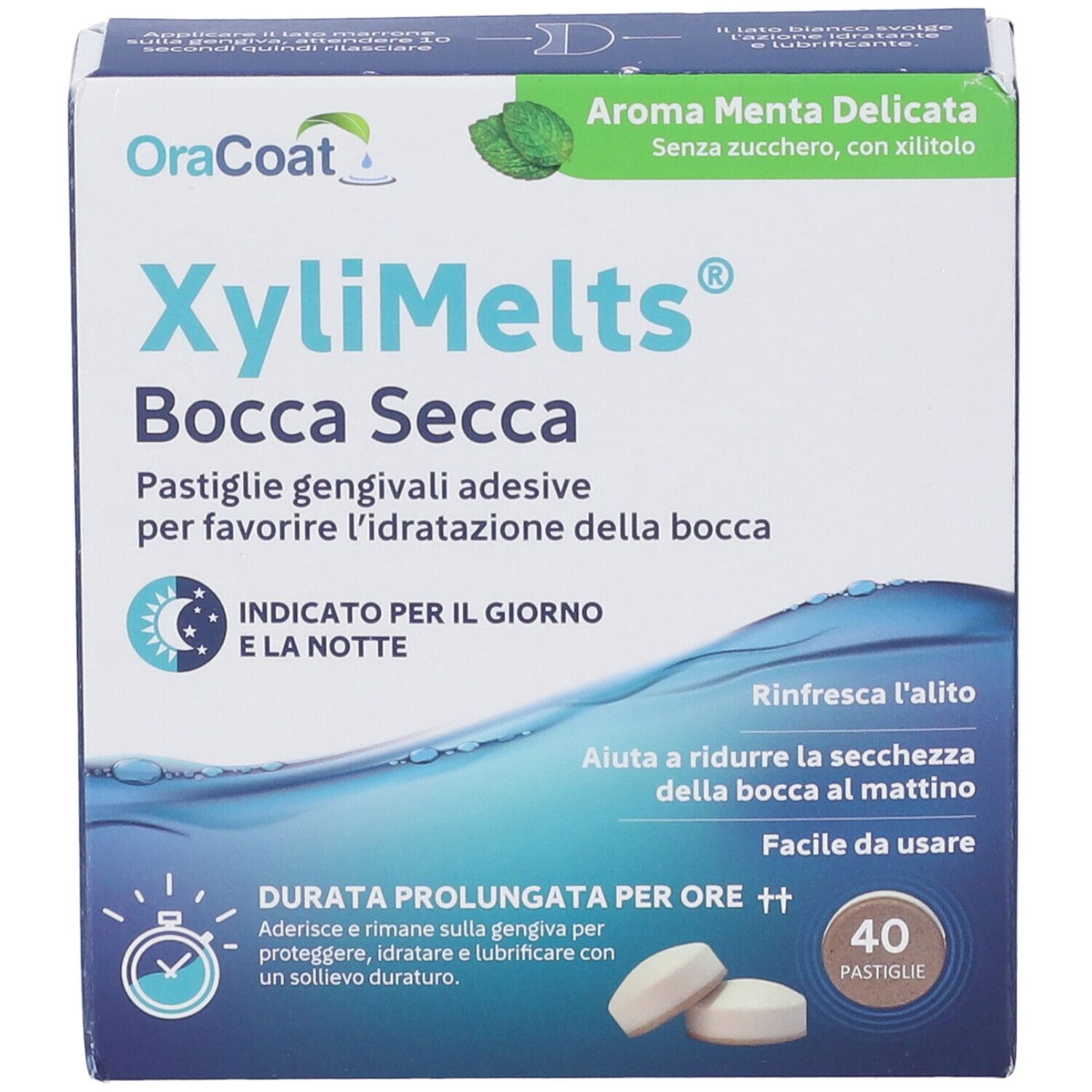 Fronte confezione XyliMelts. Testo: Bocca Secca, 40 pastiglie, Aroma Menta Delicata, senza zucchero.