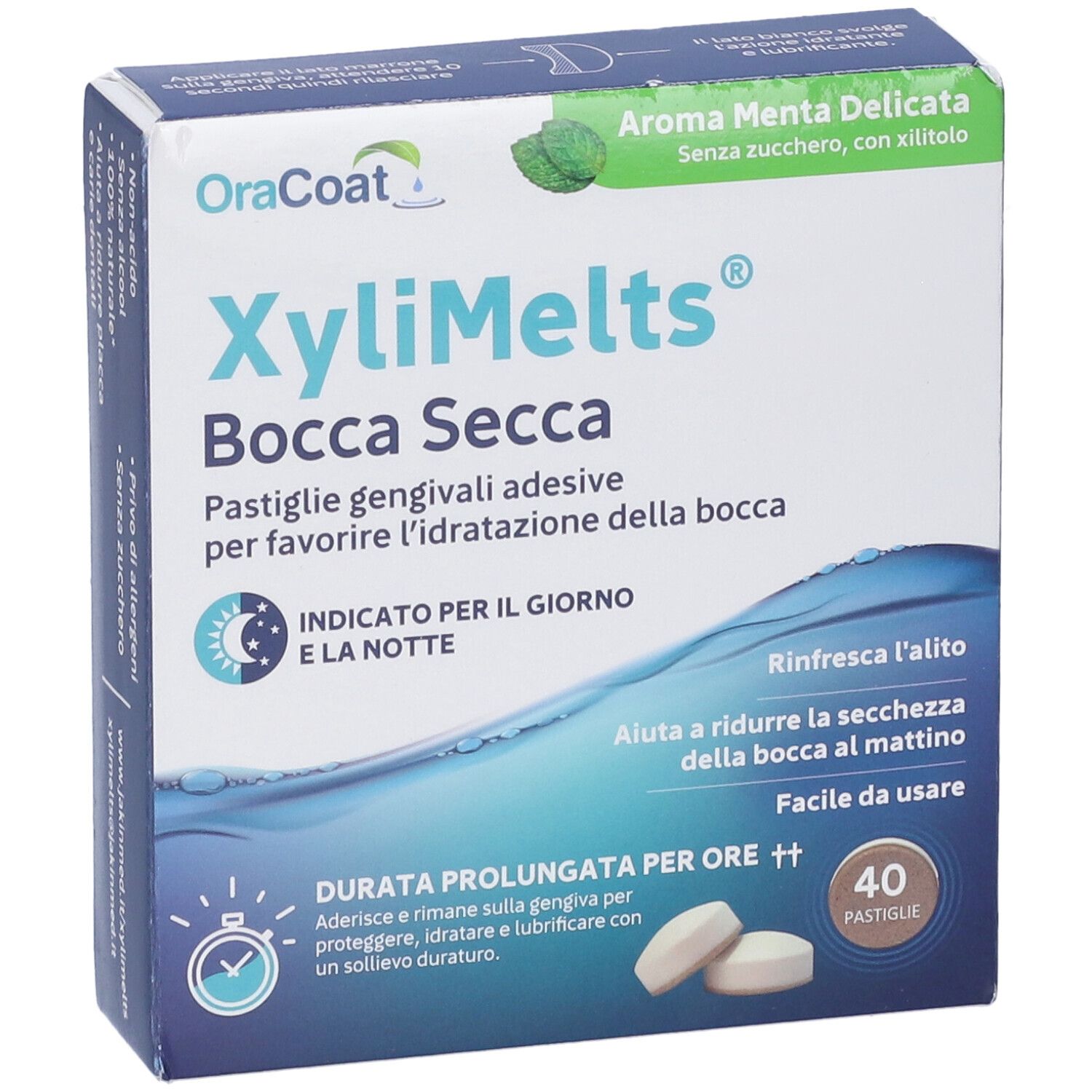 Fronte confezione XyliMelts. Testo: Bocca Secca, 40 pastiglie, Aroma Menta Delicata, senza zucchero.