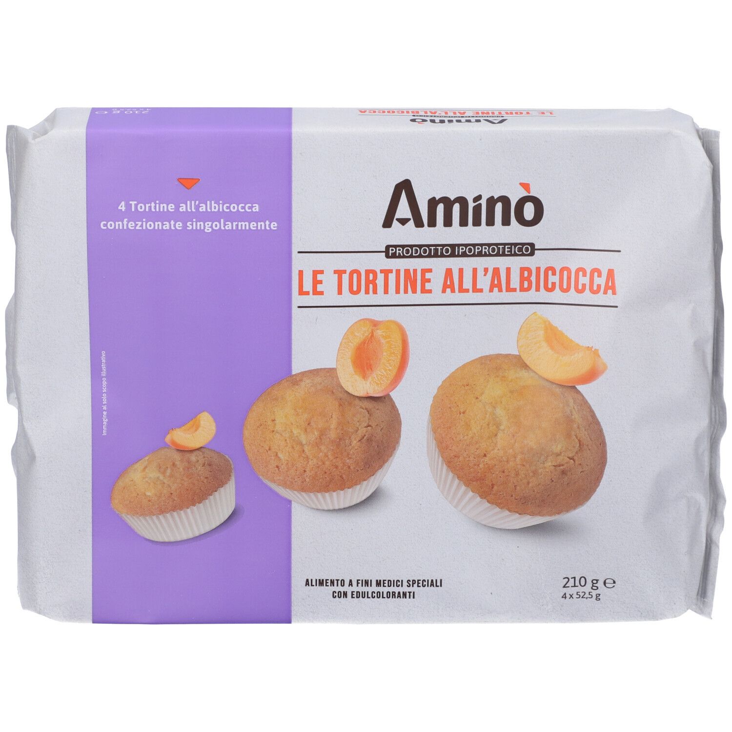Confezione di 4 tortine all'albicocca confezionate singolarmente. L'imballaggio mostra tre torte con pezzi di albicocca. Il logo Amino è visibile.