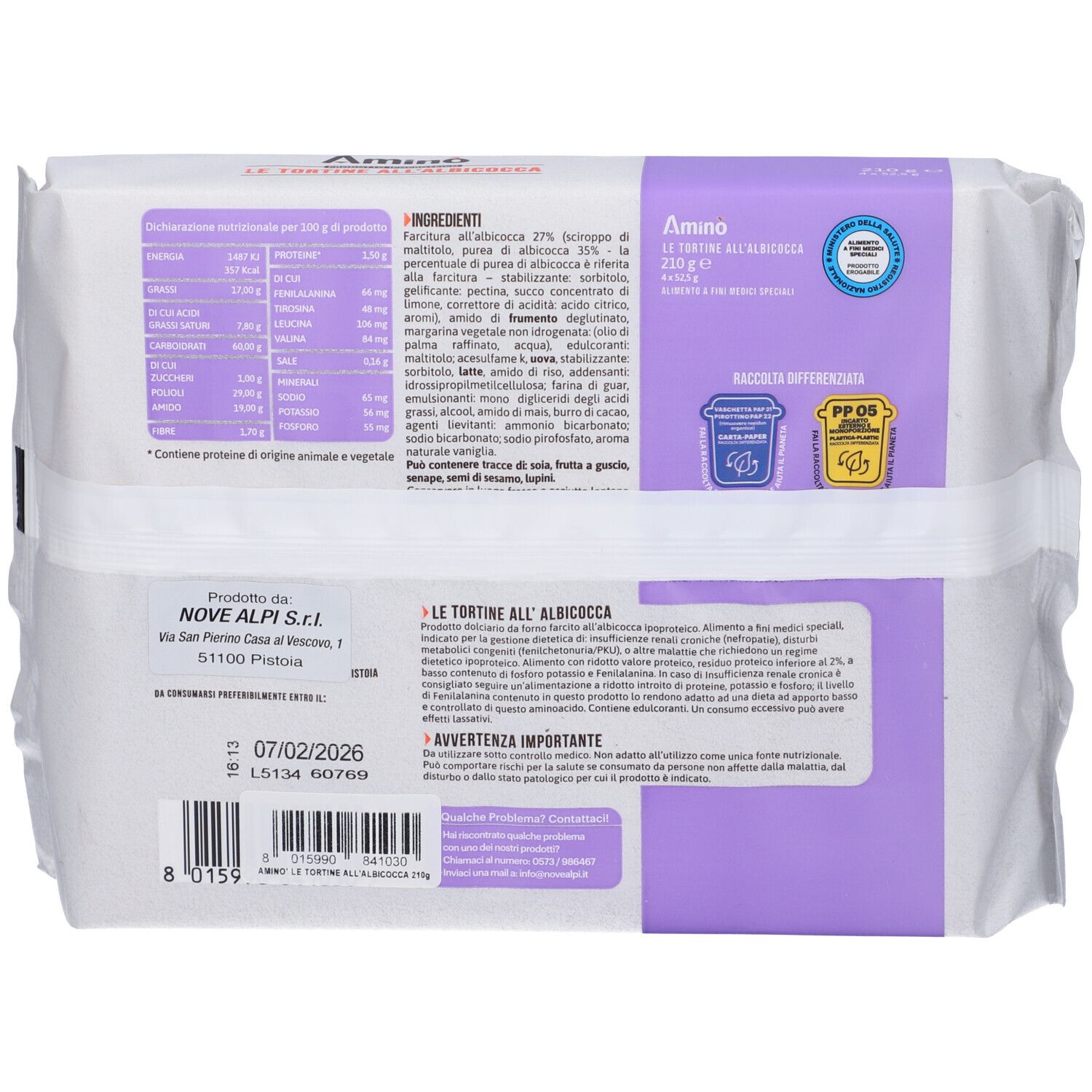 Retro della confezione con informazioni nutrizionali, elenco ingredienti e informazioni sul produttore. La data di scadenza è visibile.