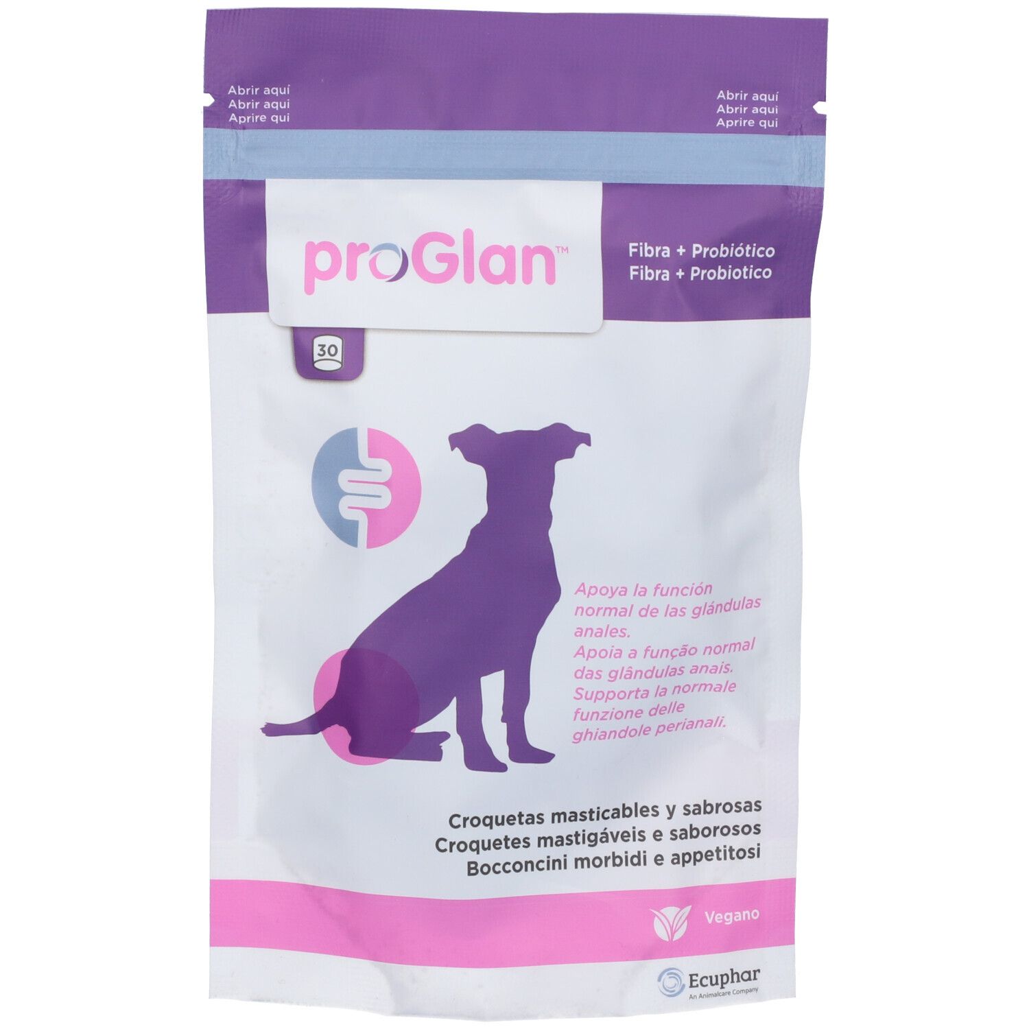 Confezione ProGlan. Imballaggio viola e bianco con silhouette di cane. Testo: 30, Fibra + Probiotico, Bocconcini per Cani.