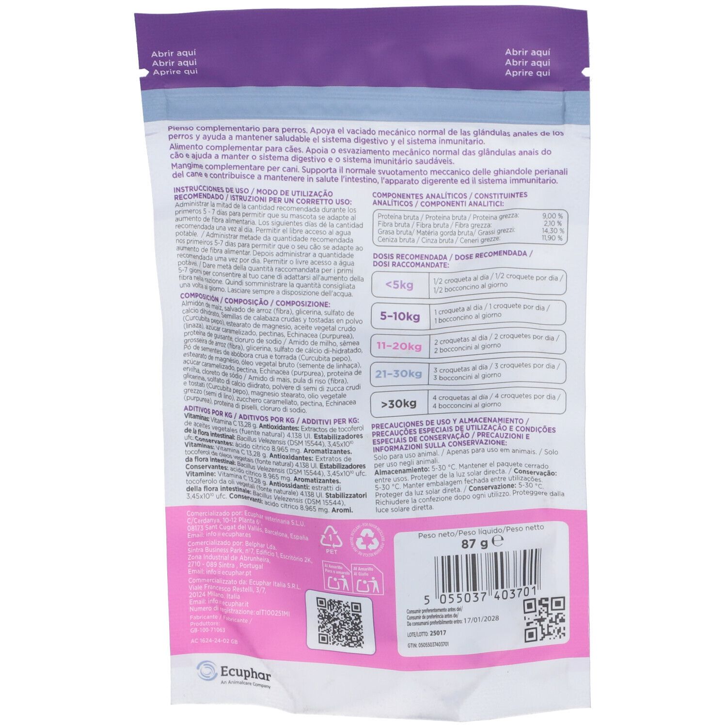 Retro della confezione ProGlan. Testo: Ingredienti, dosaggio, 87g, logo Vegan, codice QR, codice a barre.