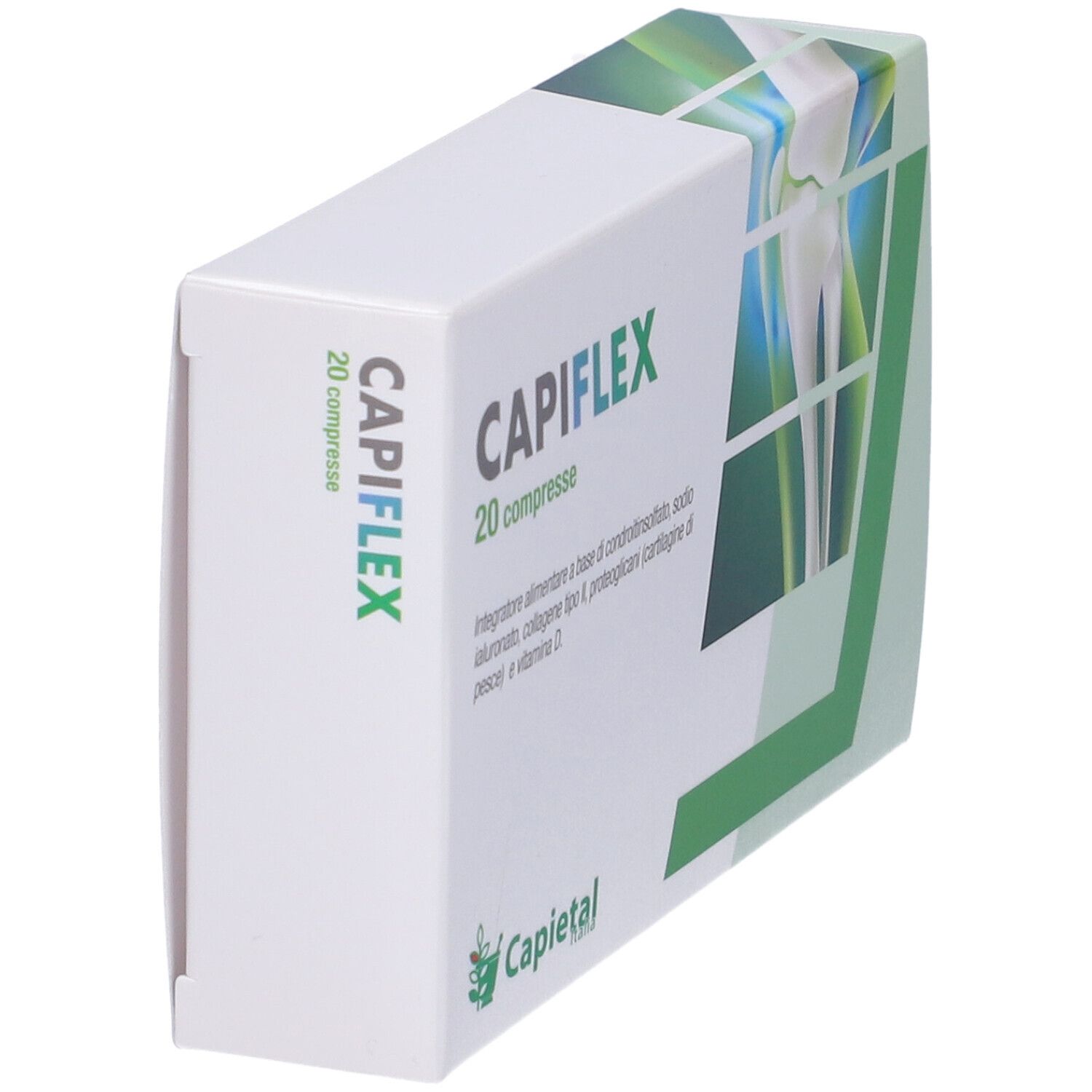 Scatola CAPIFLEX, 20 compresse. Bianca con design verde. Vista laterale con nome del prodotto e logo.