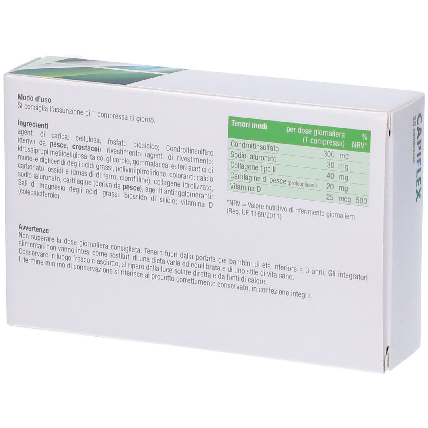 Retro della scatola CAPIFLEX. Contiene ingredienti, informazioni nutrizionali e avvertenze. Testo in italiano.