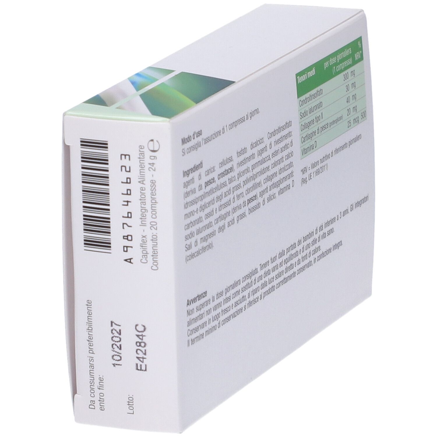 Scatola CAPIFLEX, 20 compresse. Vista dettagliata con numero di lotto e data di scadenza. Testo in italiano.