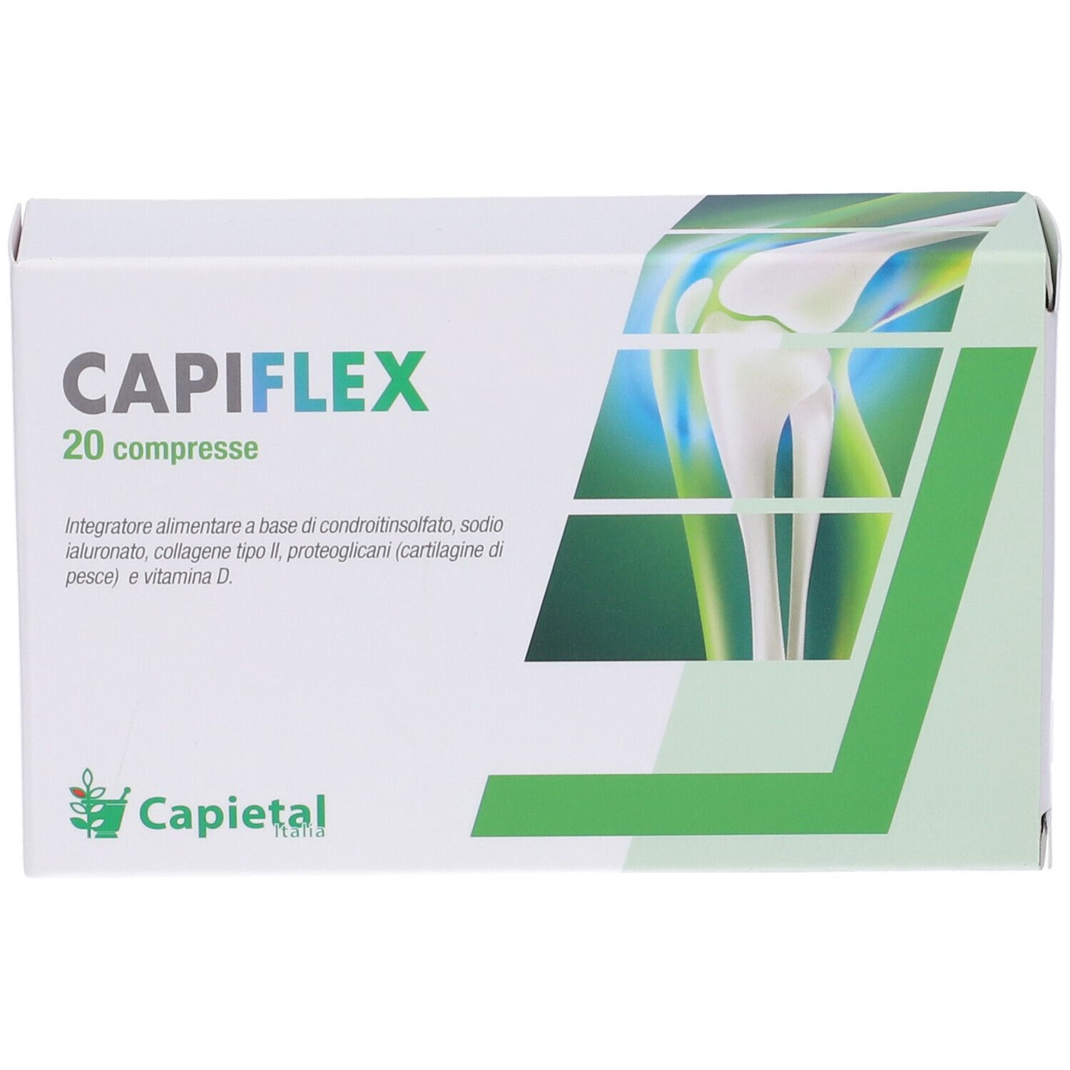 Scatola CAPIFLEX, 20 compresse. Vista frontale con nome del prodotto, ingredienti e logo. Bianco con design verde.