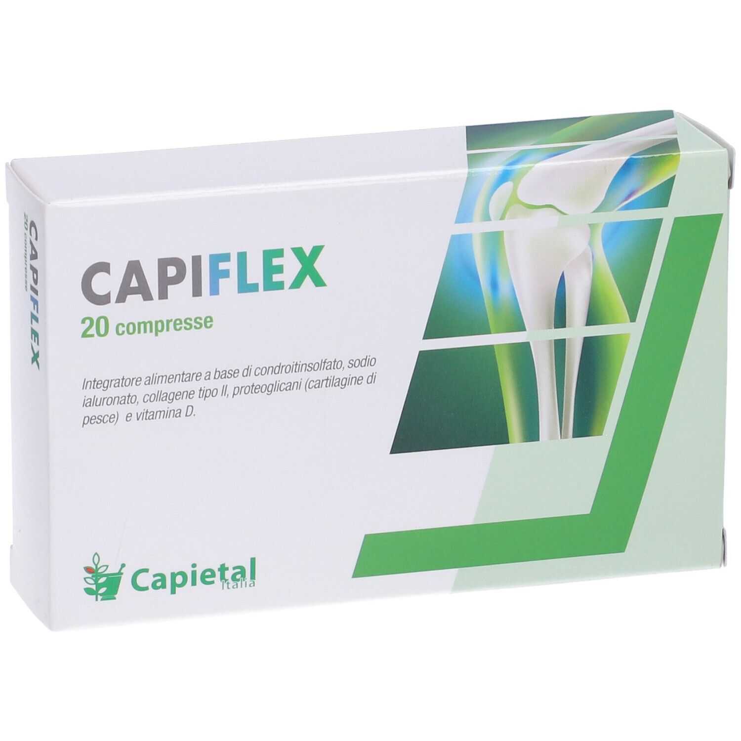 Scatola CAPIFLEX, 20 compresse. Vista frontale con nome del prodotto, ingredienti e logo. Bianco con design verde.
