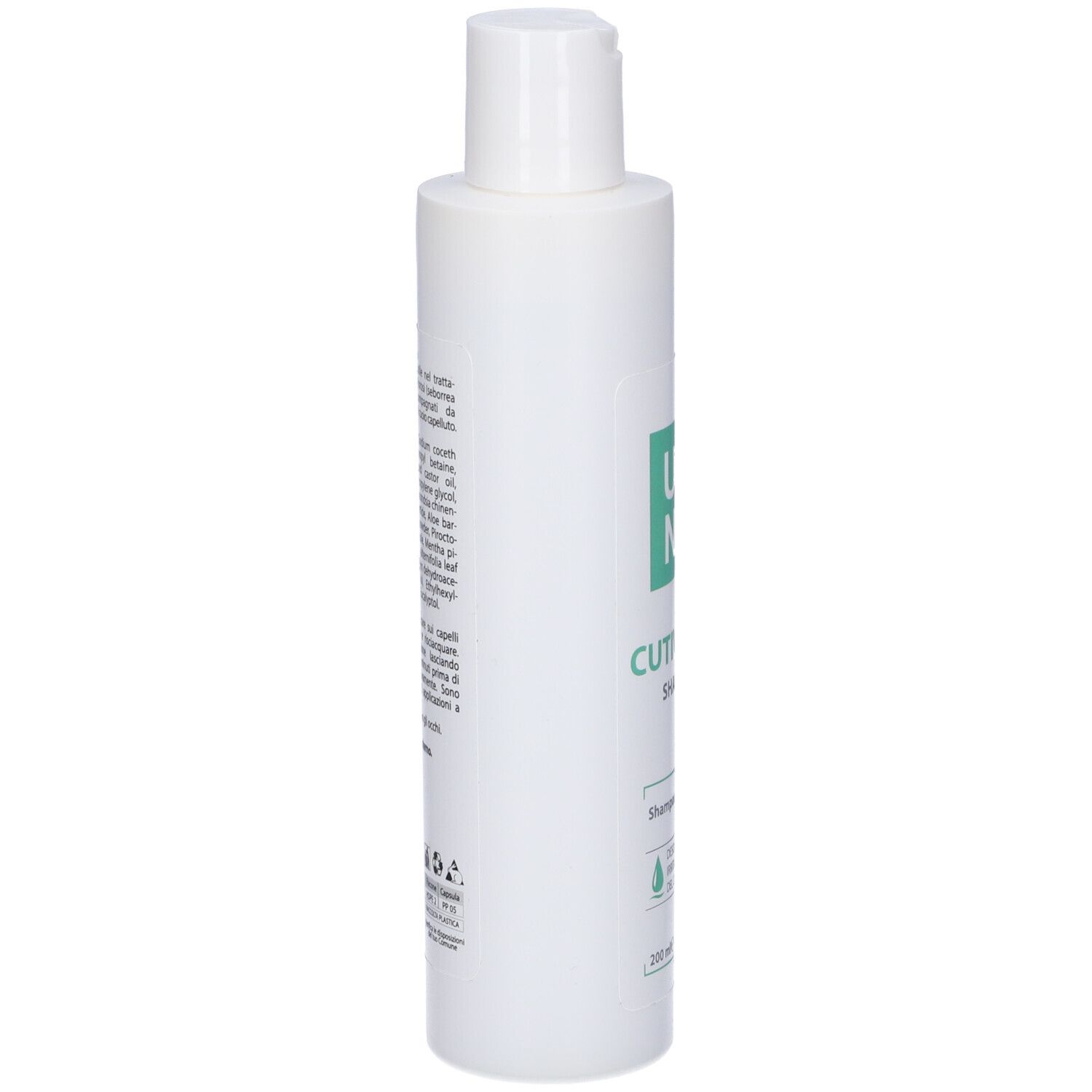 Flacone bianco, vista laterale. Testo sull'etichetta. Informazioni sul prodotto e ingredienti. 200 ml.