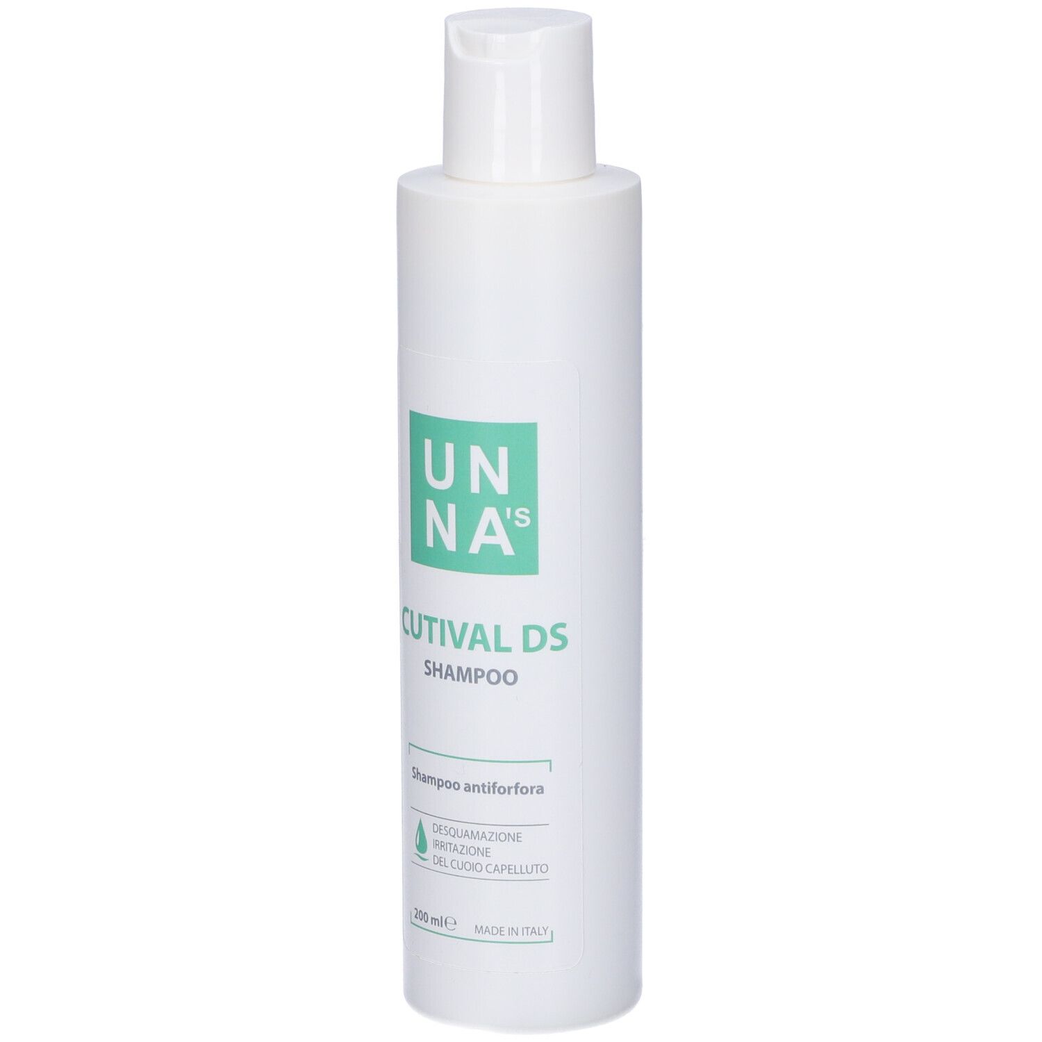 Flacone bianco con etichetta verde. Testo: UNA's, Cutival DS Shampoo. Shampoo antiforfora. 200 ml.