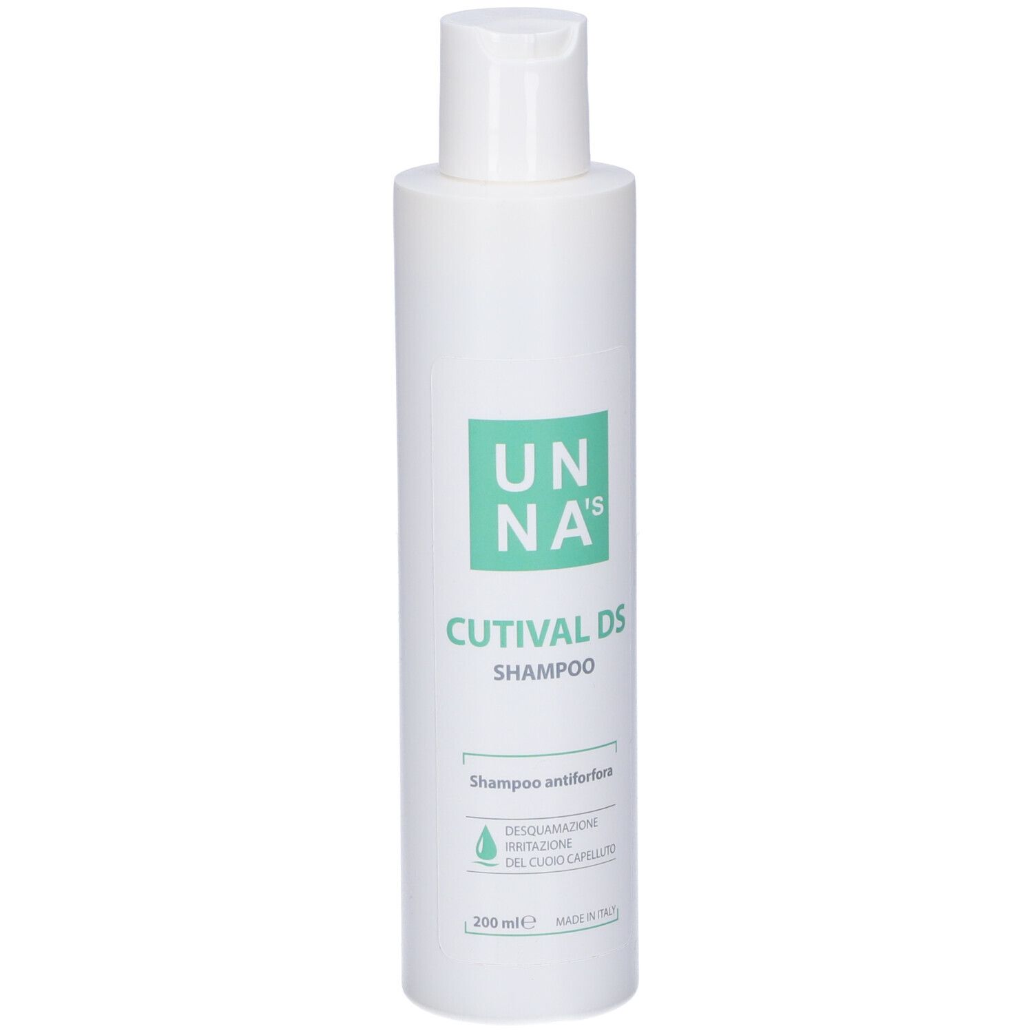 Flacone bianco con etichetta verde. Testo: UNA's, Cutival DS Shampoo. Shampoo antiforfora. 200 ml.