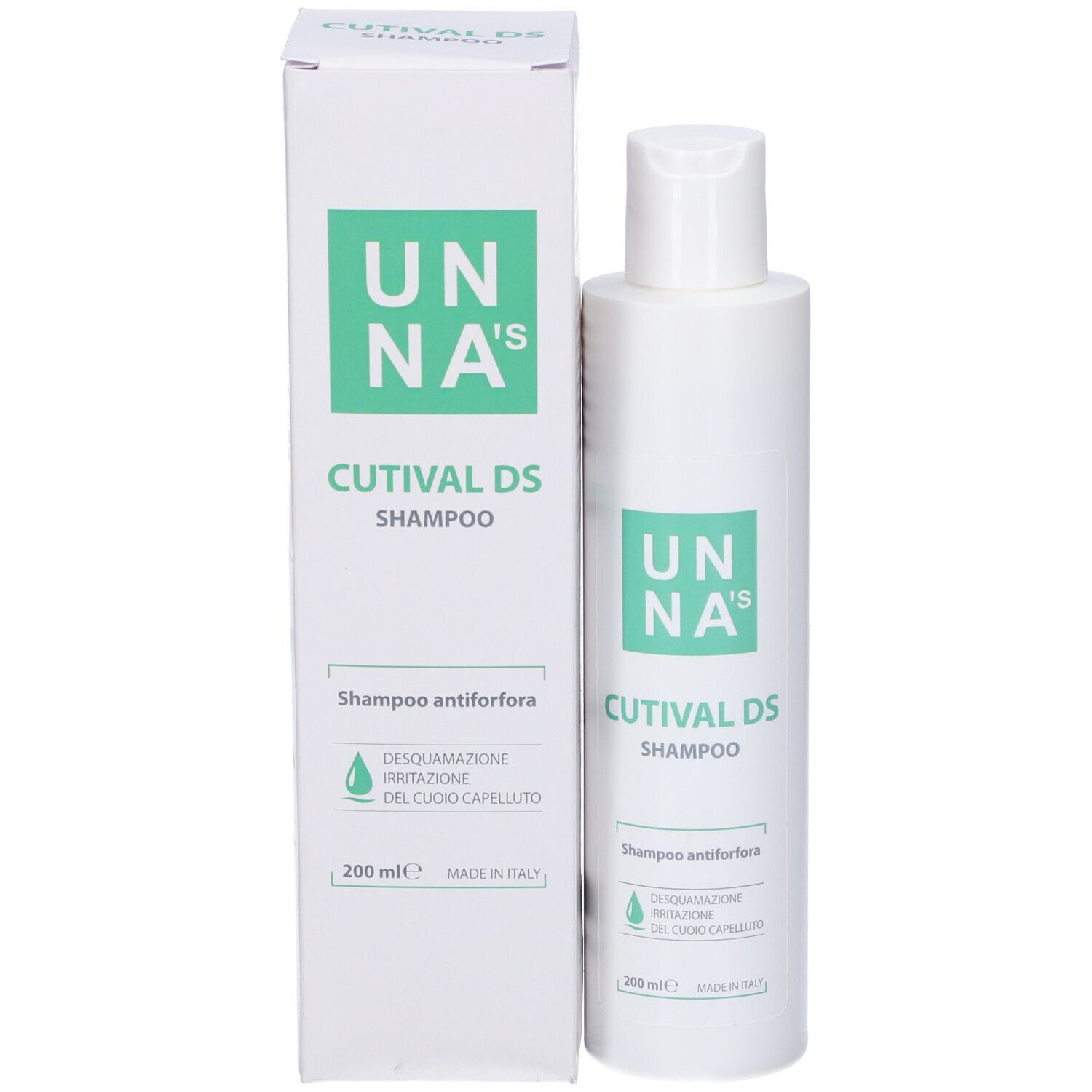 Confezione e flacone del prodotto. Testo: UNA's, Cutival DS Shampoo. Shampoo antiforfora. 200 ml.
