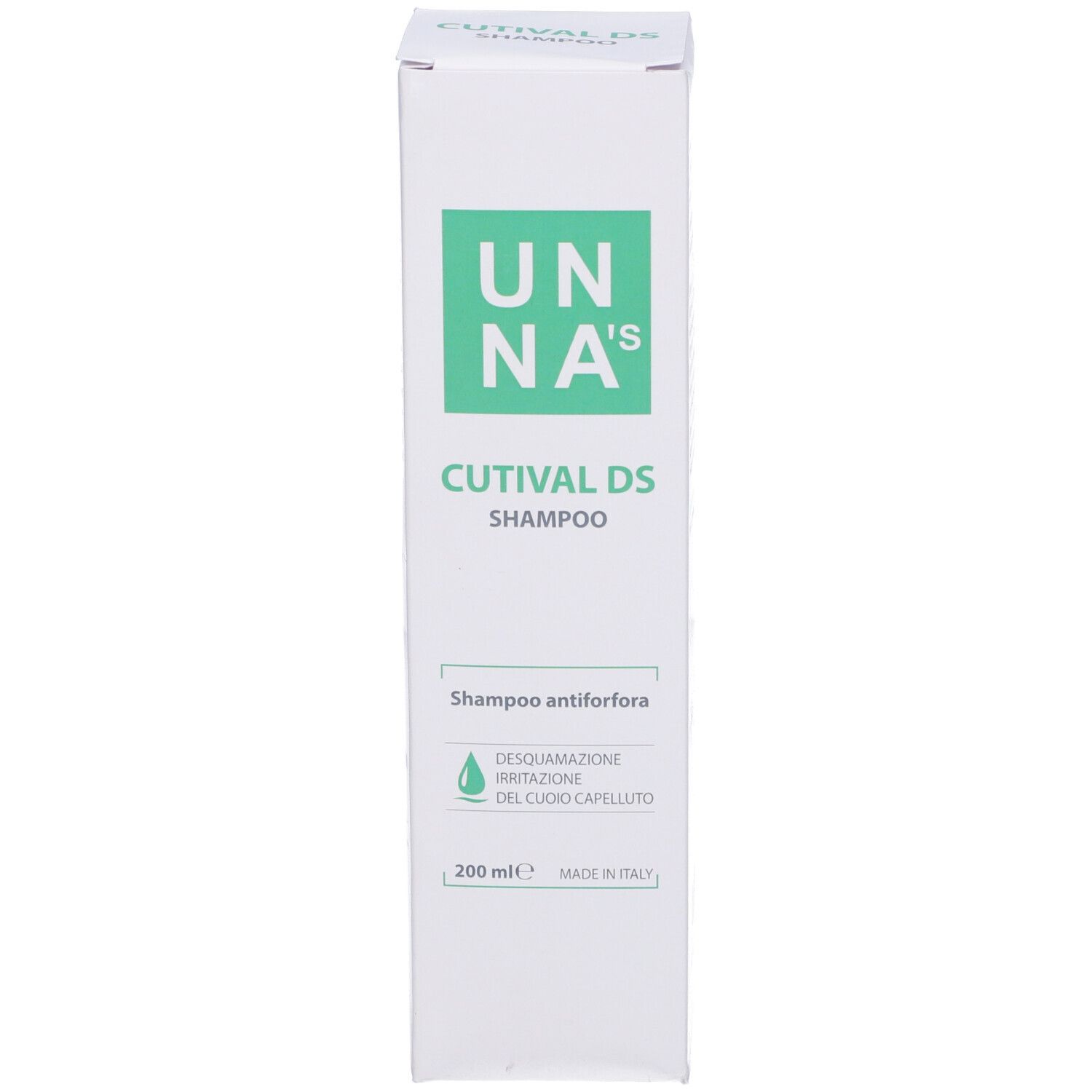 Confezione bianca del prodotto. Testo: UNA's, Cutival DS Shampoo. Shampoo antiforfora. 200 ml. Prodotto in Italia.