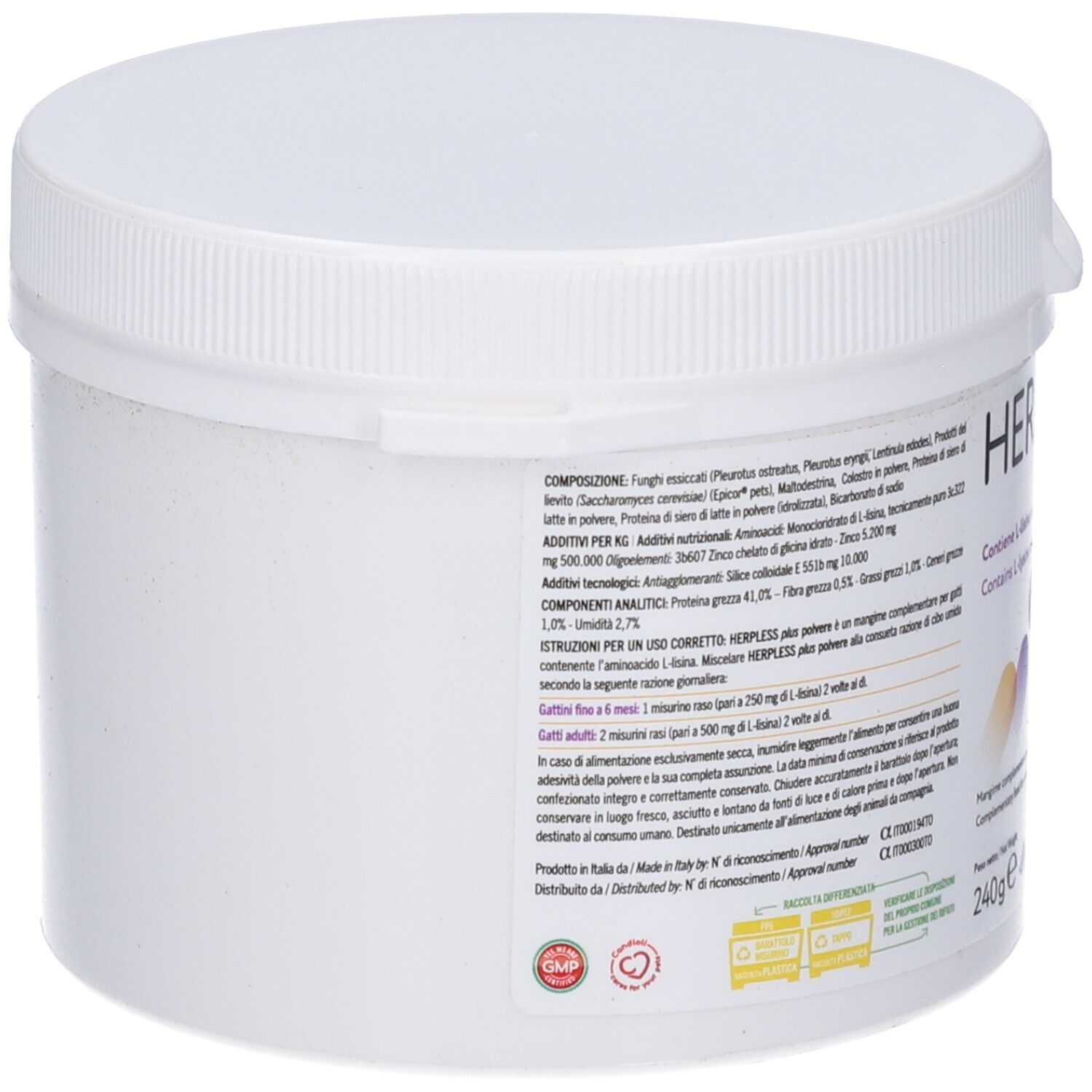 Contenitore bianco con coperchio. Retro con testo. 240g. Contiene ingredienti e istruzioni. Marchio: Candioli.